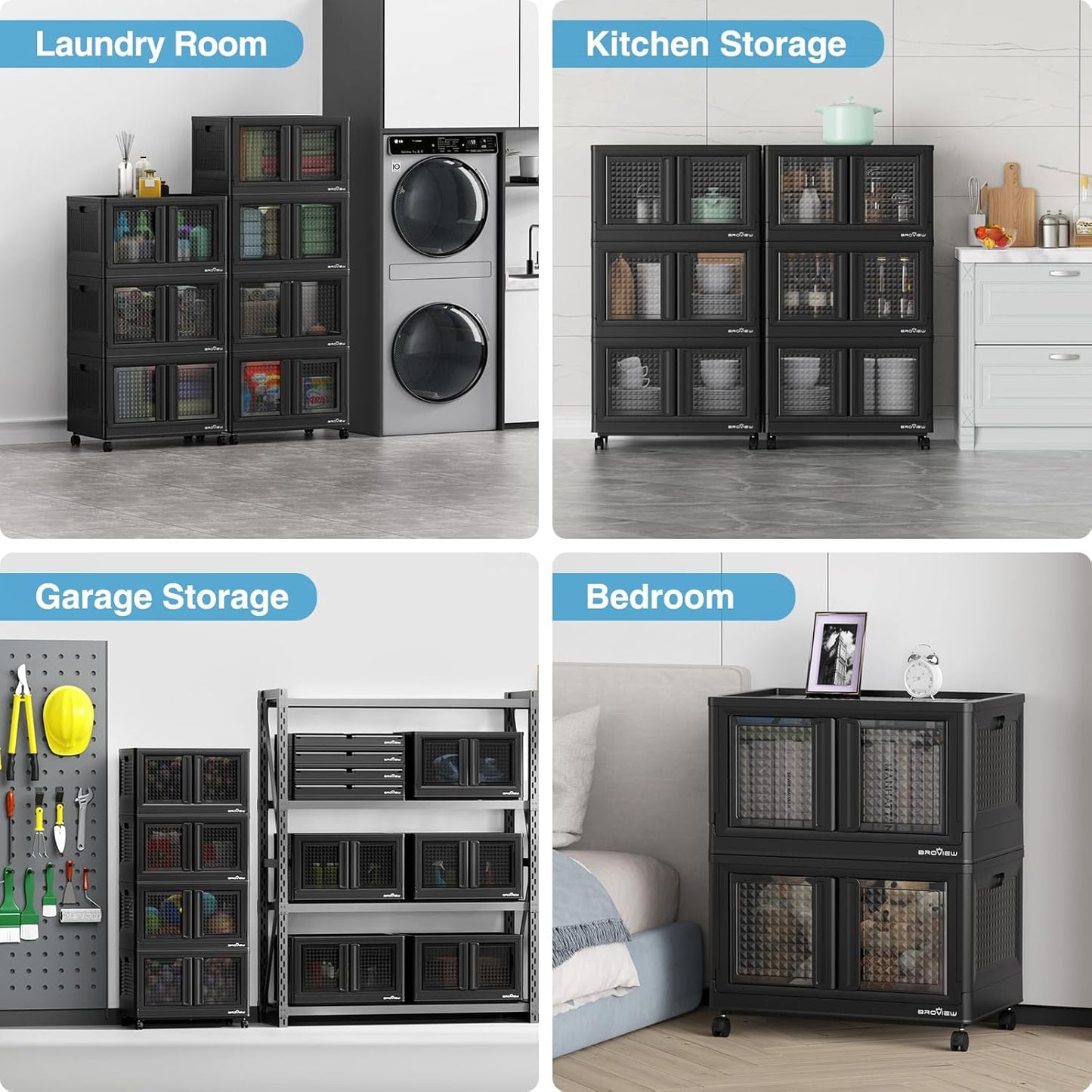 BROVIEW 160Gal Stackable Storage Bins with Lids & Wheels, 640Qt Plastic Collapsible Closet Organizer and Storage Drawers, Storage Boxes Cabinets for Home, Office, 8 Pack, Black