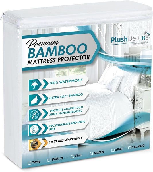 PlushDeluxe Premium Bamboo Mattress Protector – Full Size, Waterproof, & Ultra Soft Breathable Noiseless Washable Bed Mattress Cover for Comfort & Protection - White