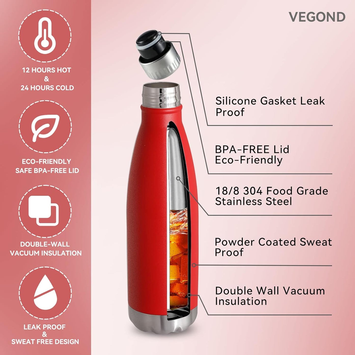 VEGOND 17oz Stainless Steel Water Bottles Bulk, Reusable Metal Sports Water Bottle Keeps Drink Hot and Cold, BPA Free Double Wall Vacuum Cola Shape Insulated Water Bottles for Camping Gym, 8 Pack