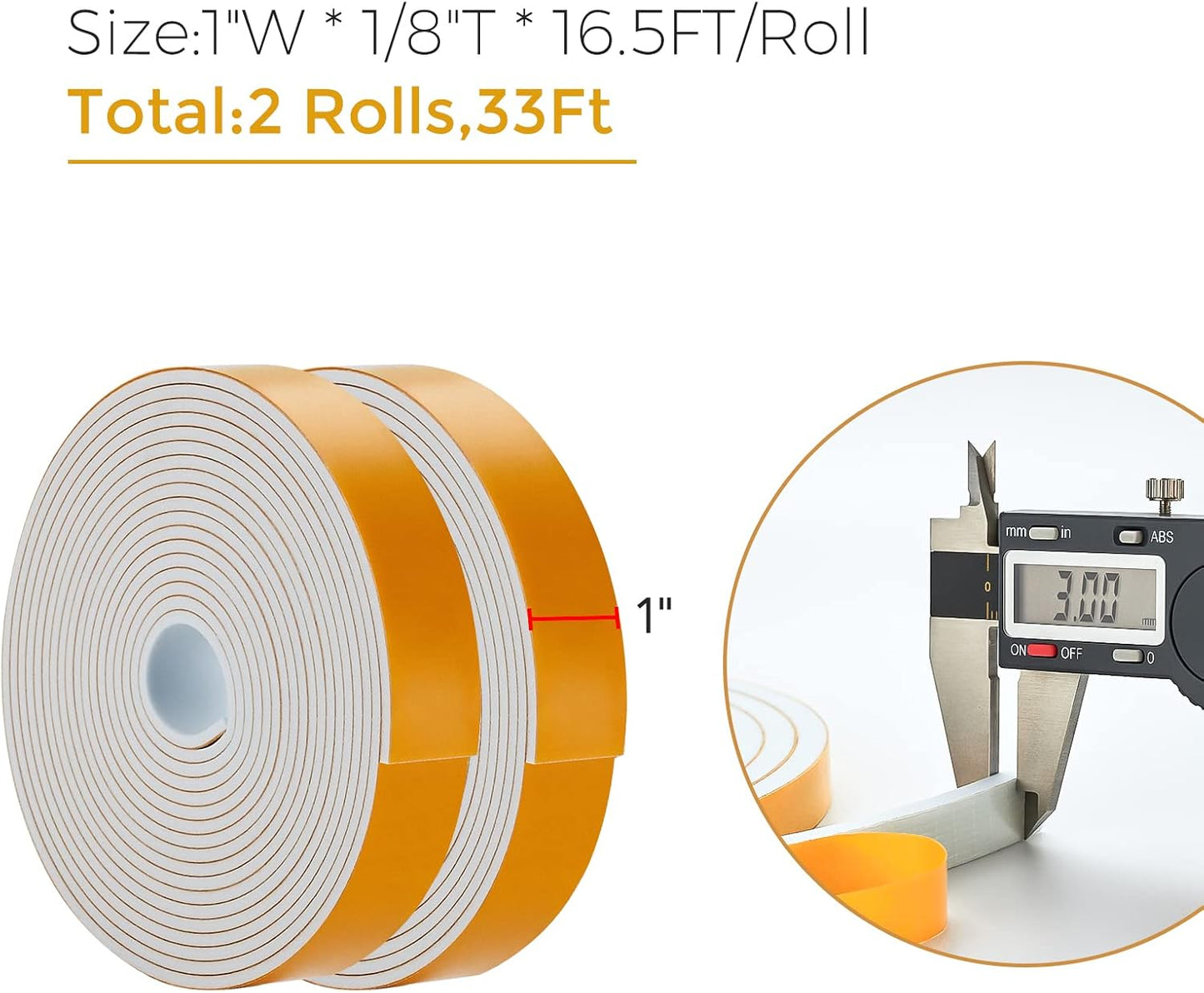 33 Feet Weather Stripping Door Seal, 1" Wide X 1/8" Thick Door Seal Strip High Density Foam Tape Adhesive Strip for Door Soundproofing,Window Insulation (1" x 1/8" x 33FT,White)