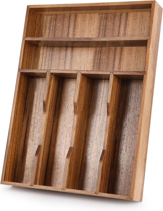 Acacia Wood Silverware Drawer Organizer, 12 Inch Adjustable Cutlery Tray for Kitchen Utensils, Silverware Flatware Storage Box with 5 Detachable Dividers (6-Compartment)
