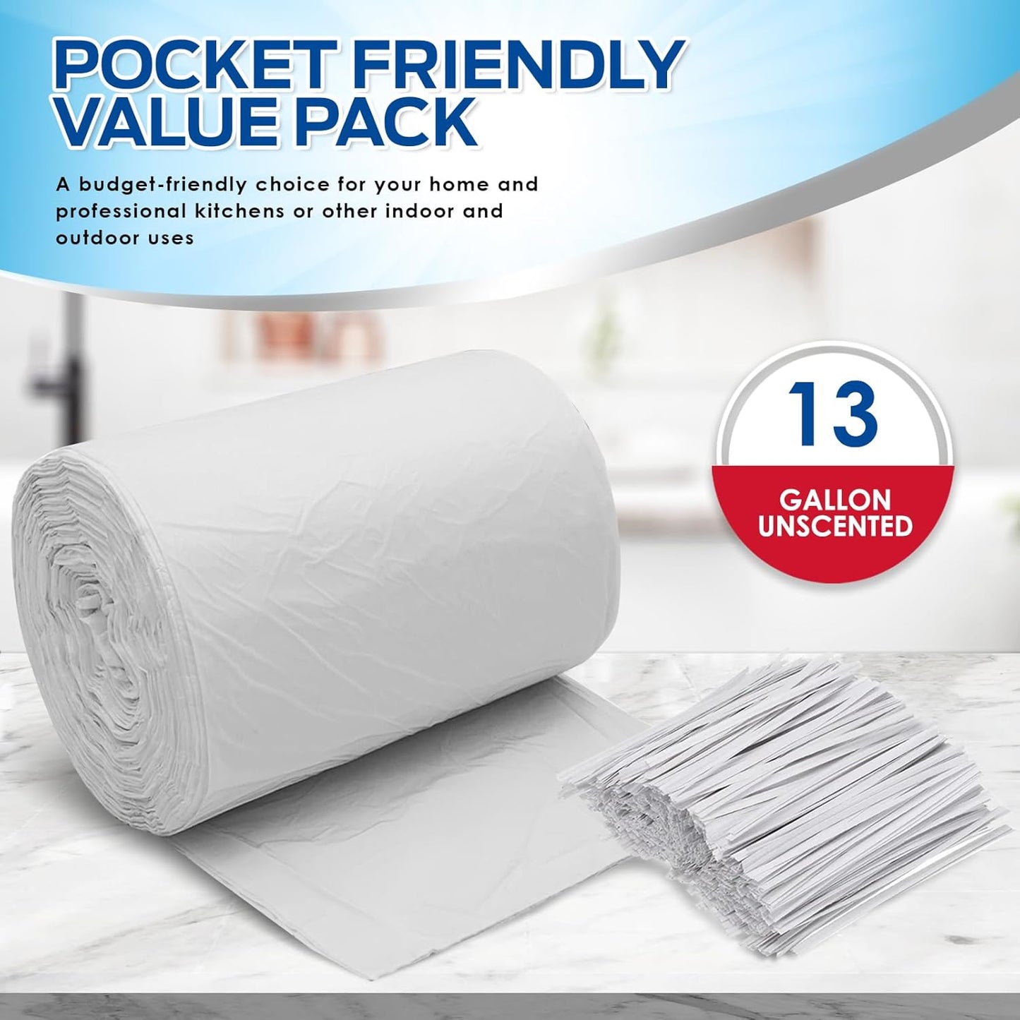 PAMI 13-Gallon Tall Garbage Bags [130-Pack, White] With Twist Ties - Unscented, Odor-Control Trash Can Liners - Strong Multipurpose Plastic Trash Bags For Kitchen, Bathroom, Office