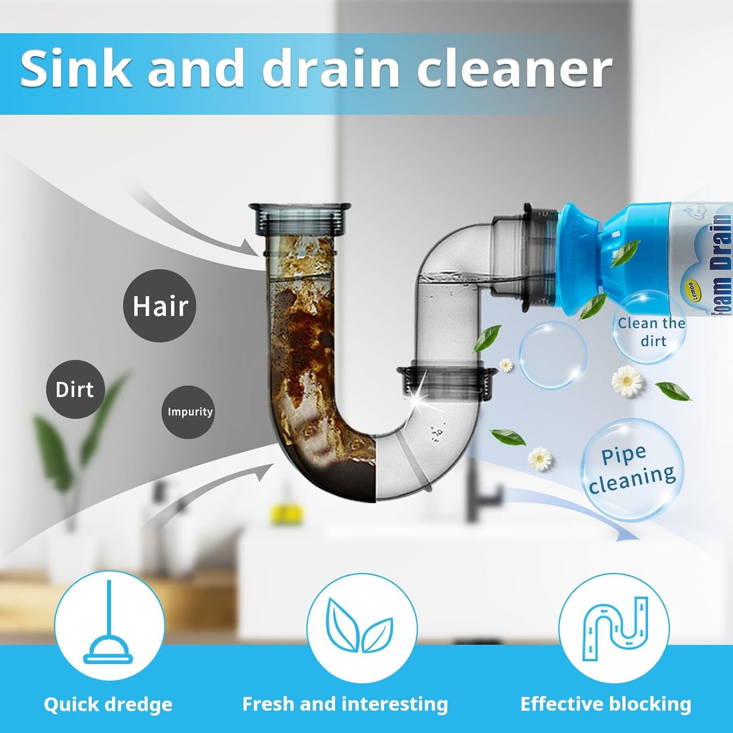 Drain Cleaner, Foaming Drain Cleaner and Deodorizer, Sink Cleaning Foam, Drains Clog Remover for Kitchen Bathroom Drains, Sinks, Tubs (2PCS)