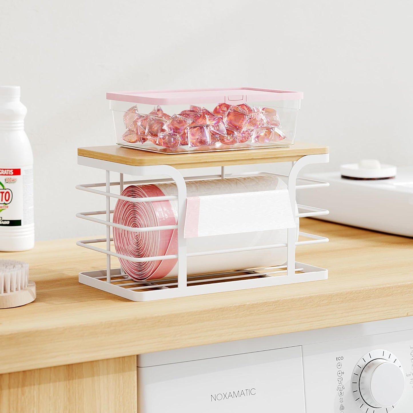 Trash Bag Holder Dispenser with Bamboo Top,Wall Mount Garbage Bag Dispenser,Stackable Storage for Kitchen Laundry Room Organization,White Small