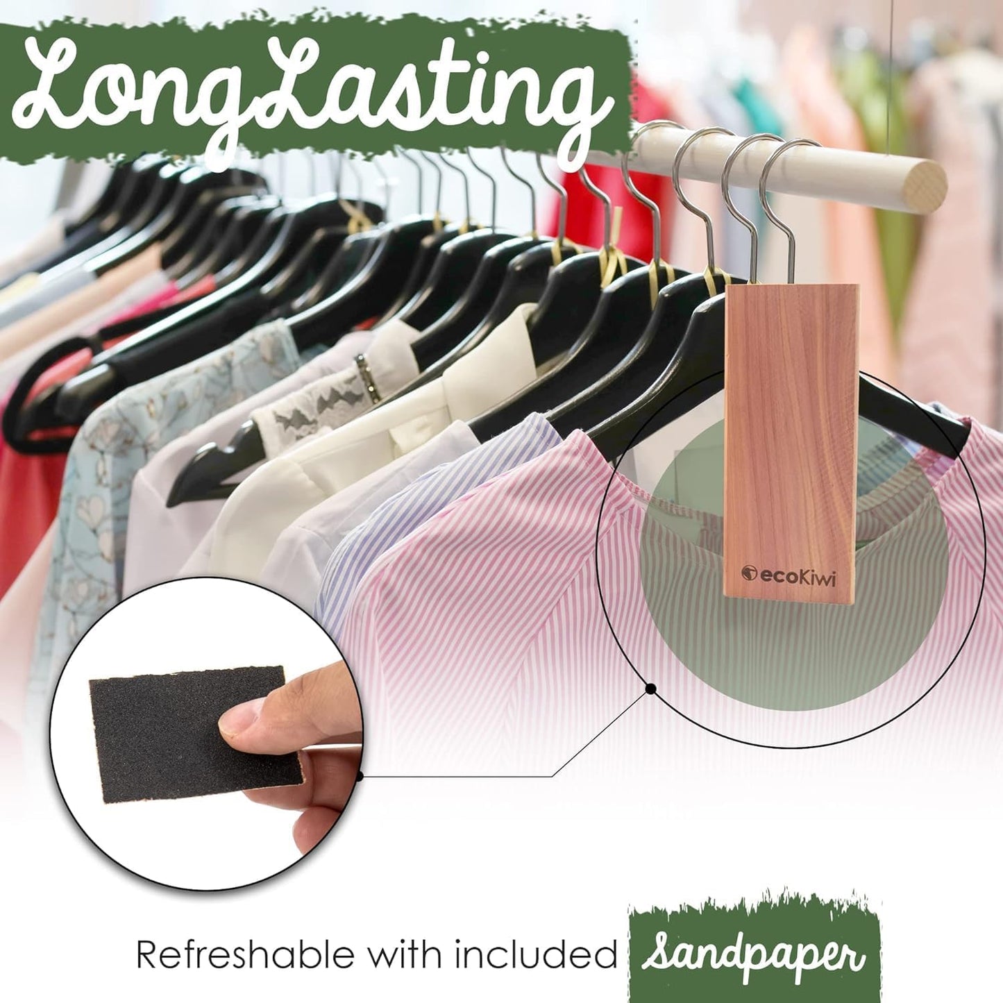 ecoKiwi Cedar Blocks for Clothes Storage - 20 Pack Hang Ups - 100% Natural Aromatic Cedar Planks for Closets and Drawers - Cedar Wood Hangers Balls Chips with Sandpaper - Cedarwood Scented Freshener