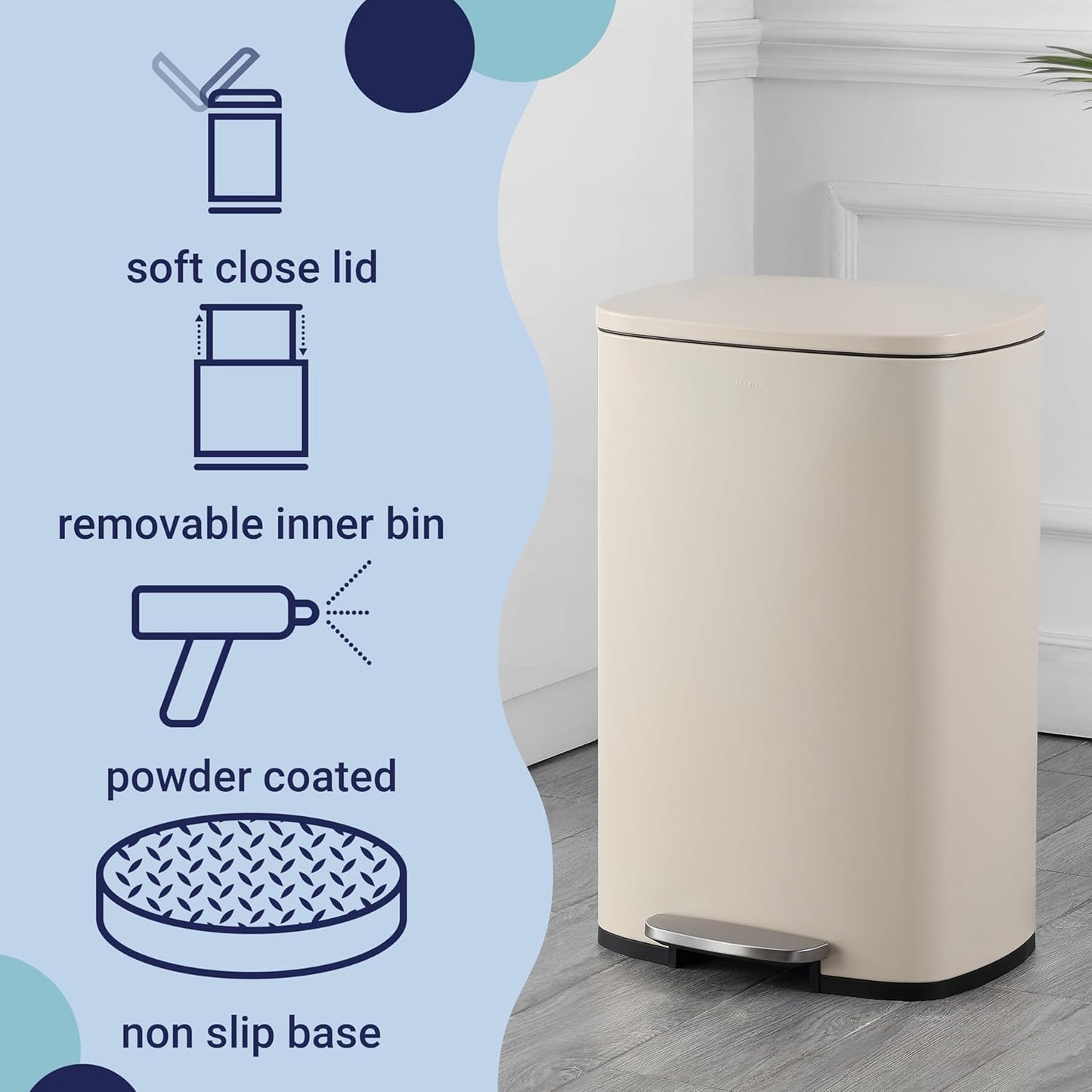 happimess HPM1006F Connor Rectangular 13-Gallon Trash Can with Soft-Close Lid and Free Mini Trash Can, Fingerprint Resistant, Modern, Minimalistic for Home, Kitchen, Office, Bathroom, Limestone Beige