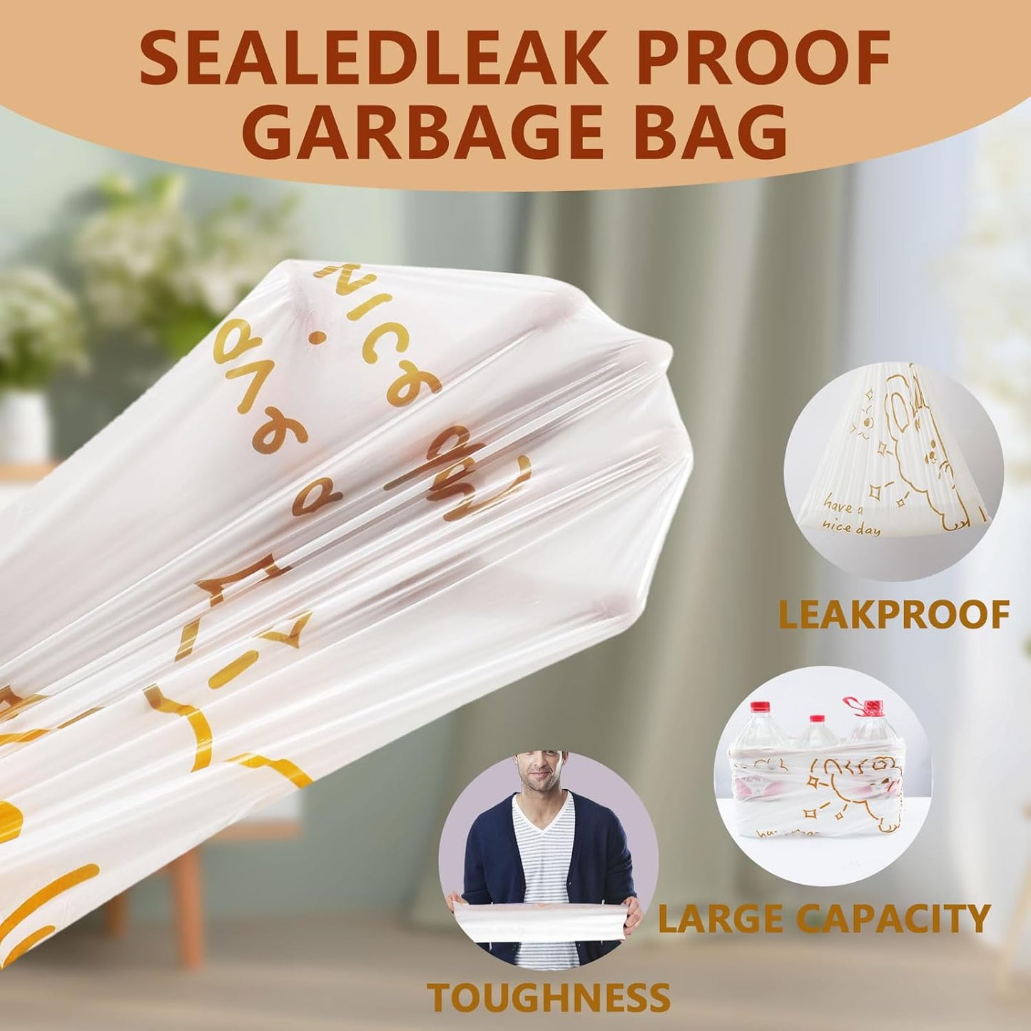 13 Gallon Trash Bags with Cute Rabbit Printed & Drawstring, Tear-Resistant Tall Kitchen Garbage Bags, Heavy-Duty Large Trash Can Liners for Home/Office, 25 Counts