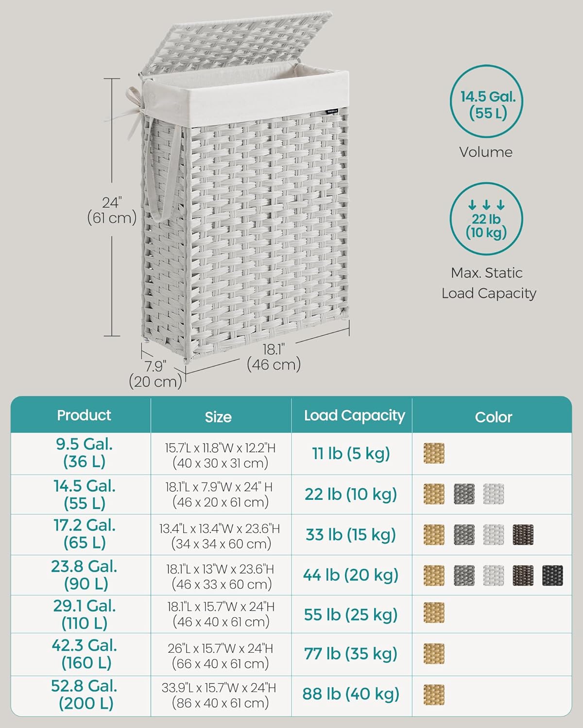 SONGMICS Slim Laundry Hamper with Lid, 14.5 Gallon (55L) Rattan Clothes Laundry Basket with Lid and Handles, Foldable, Removable Liner, Cloud White ULCB164W01