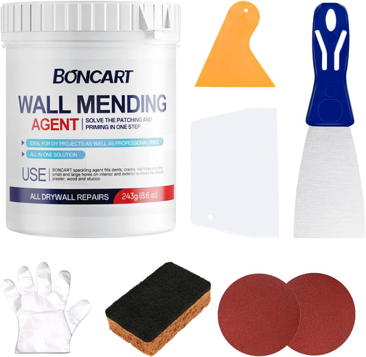 8.6oz Drywall Patch Repair Kit - Professional All-in-1 Tool Set (Scrapers/Sandpaper/Texture Sponge/Gloves/Putty Knife) for Fast Wall Hole Repair