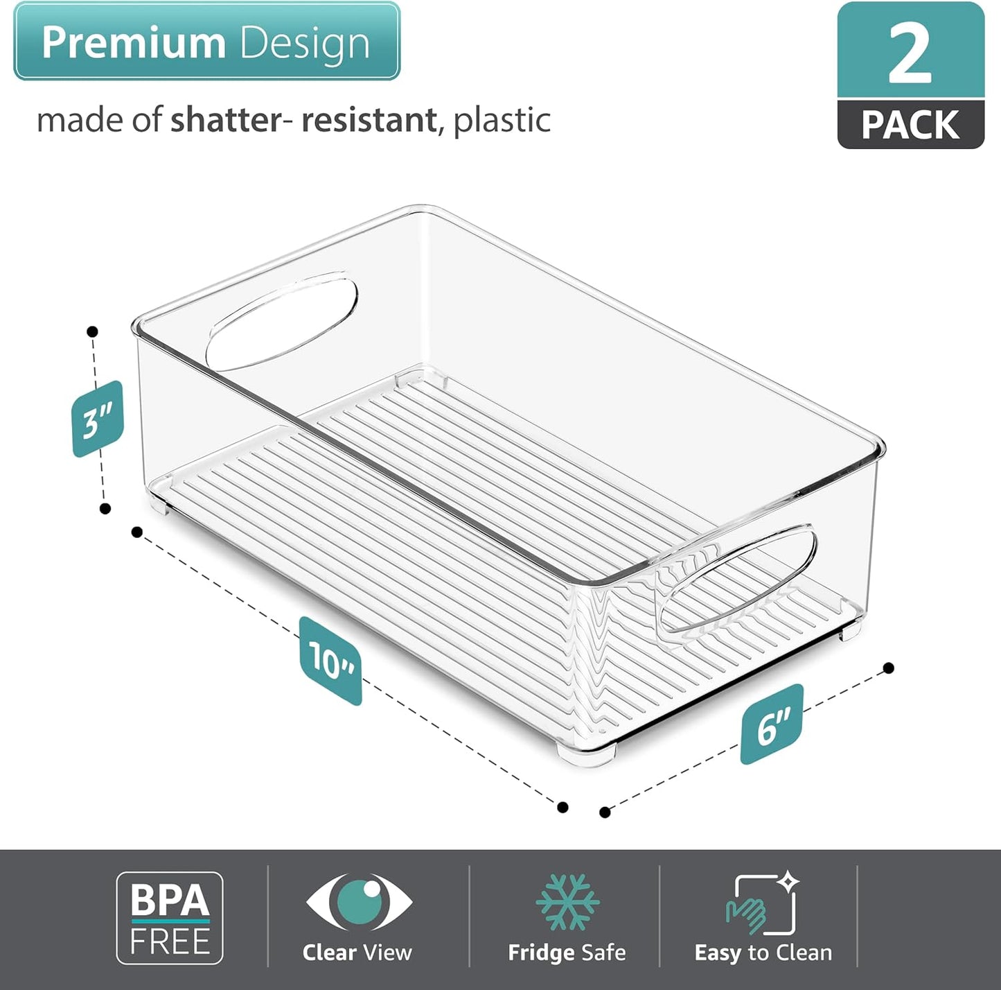 Sorbus Stackable Refrigerator Organizer Bins - Clear Storage Bins for Kitchen Pantry, Freezer & Fridge Organization - Food Organizing Plastic Containers with Handles for Countertops & Drawers (2 Pack)