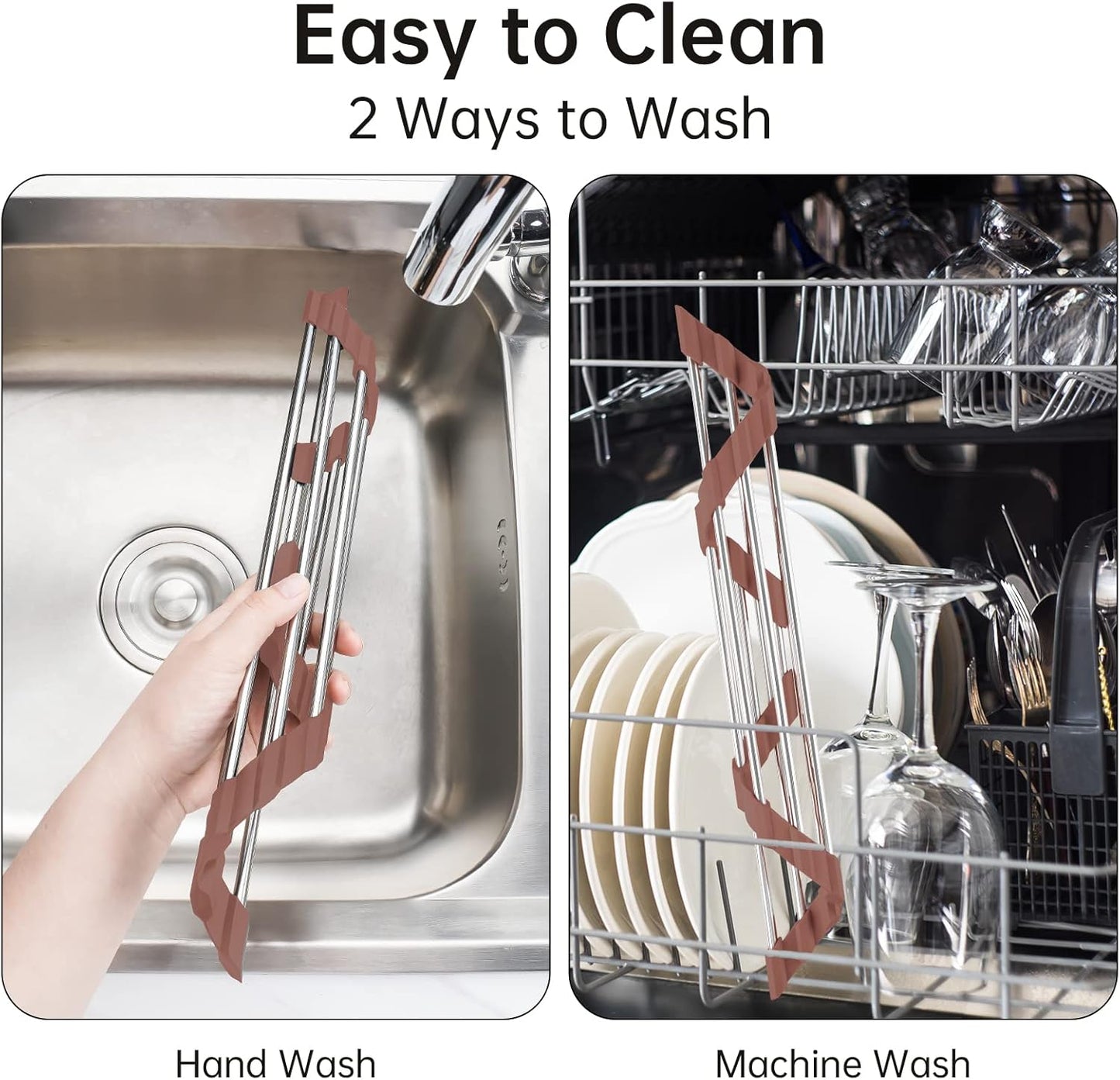 Tomorotec Triangle Roll-Up Dish Drying Rack for Sink Corner Small Foldable Stainless Steel Over The Sink Multipurpose Kitchen Drainer Caddy Trivet Rustproof Storage Shelf (Chocolate Brown)