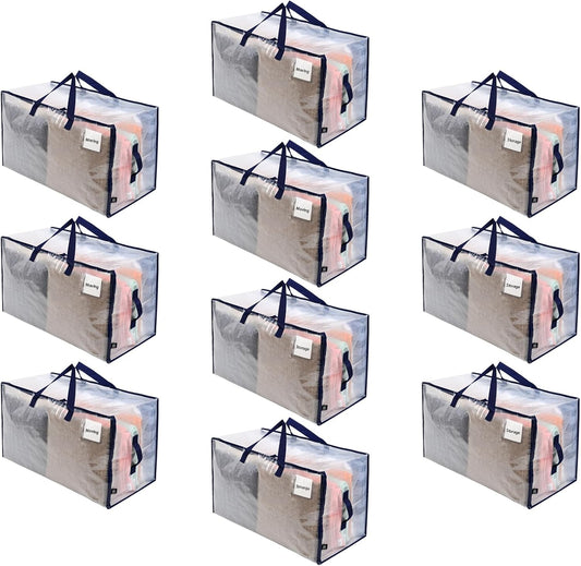 VENO 10 Pack Moving and Storage Bags, Heavy Duty, Alternative to Moving Boxes, Large Packing Totes Supplies for College Dorm Room with Zipper for Clothes, Wide Open Design (Clear, 10 Pack)