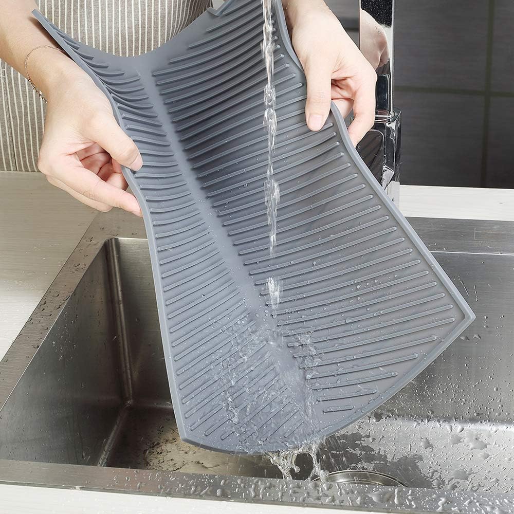Silicone Dish Draining Mat, Eco Friendly Dish Drying Mat Kitchen Counter Anti-Skid and Heat Insulation Pad, Sink Drainer Mat with Dense Drainage Grooves (L (20"×16"))