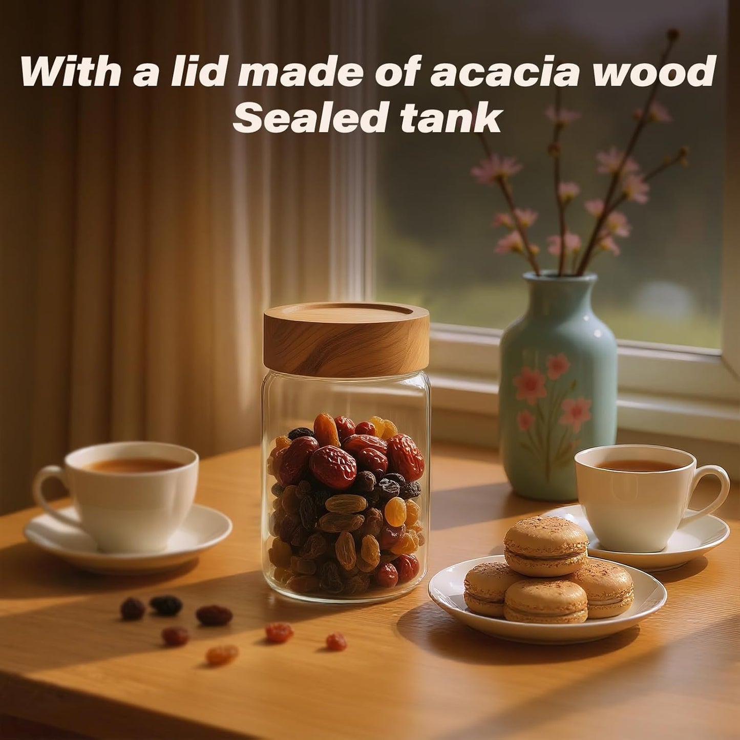 2-Piece 10 oz Food-Grade Glass Mason Jars with Sturdy Acacia Wood Lids, Sealable Waterproof, Transparent Easily Stackable for Overnight Oats, Spice Storage & Snack Organizing