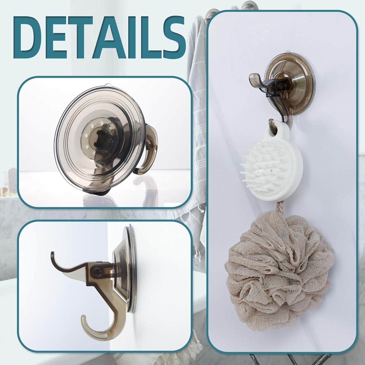 Antimbee 3 Pack Suction Cup Hooks, Clear Suction Hanger, Removable Small Hooks for Shower, Bathroom, Glass, Door, Windows, Kitchen - Up to 11 lbs on Smooth Surface (Transparent Gray)