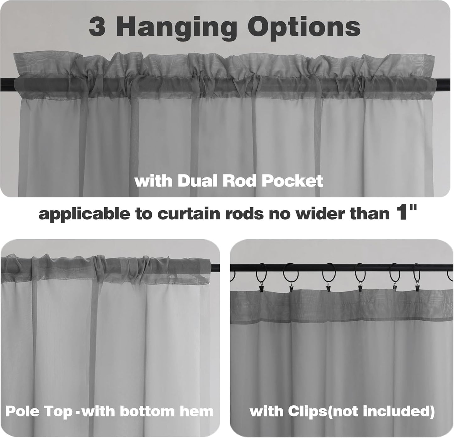 Chyhomenyc Sheer Valances for Windows 42W x 14L inches 2 Pack, Small Window Curtains for Living Room Bathroom Cafe Laundry Basement, Modern Top Dual Rod Pocket Voile Curtain, Charcoal Grey