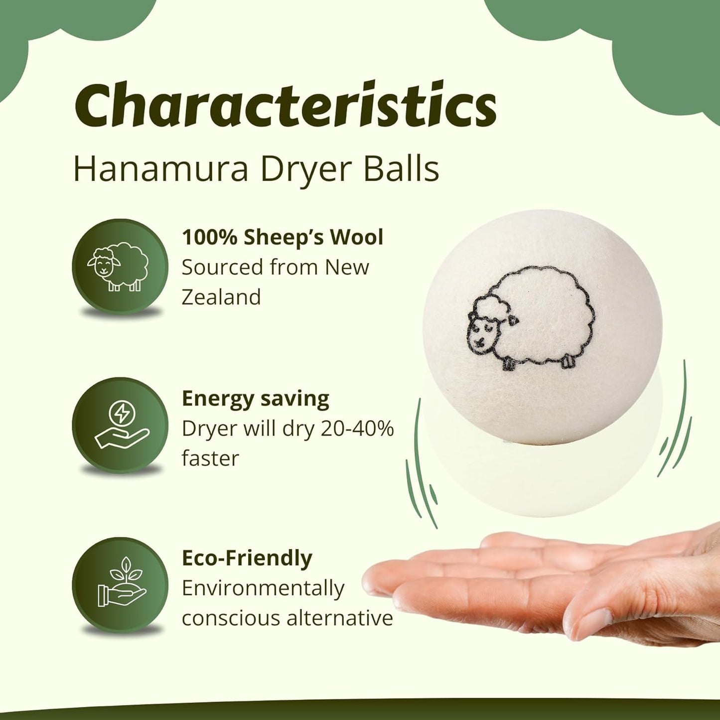 Hanamura 6 XXL Wool Dryer Balls - TÜV Tested 100% New Zealand Wool Balls for Dryer - Energy Saving & Baby-Safe Reusable Dryer Balls for Laundry - Non-Toxic Fabric Softener for WAD Free Laundry