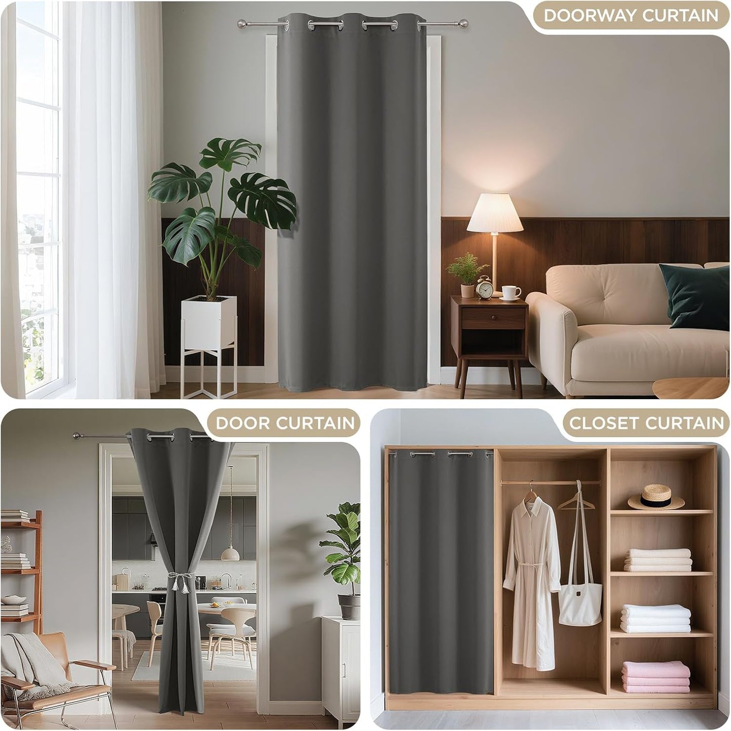 Joydeco Blackout Door Curtain for Doorway Privacy 108 Inches Long, Grommet Closet Curtain for Open Closet, Room Divider for Bedroom Living Room (Light Grey, 52Wx108L, 1 Panel)