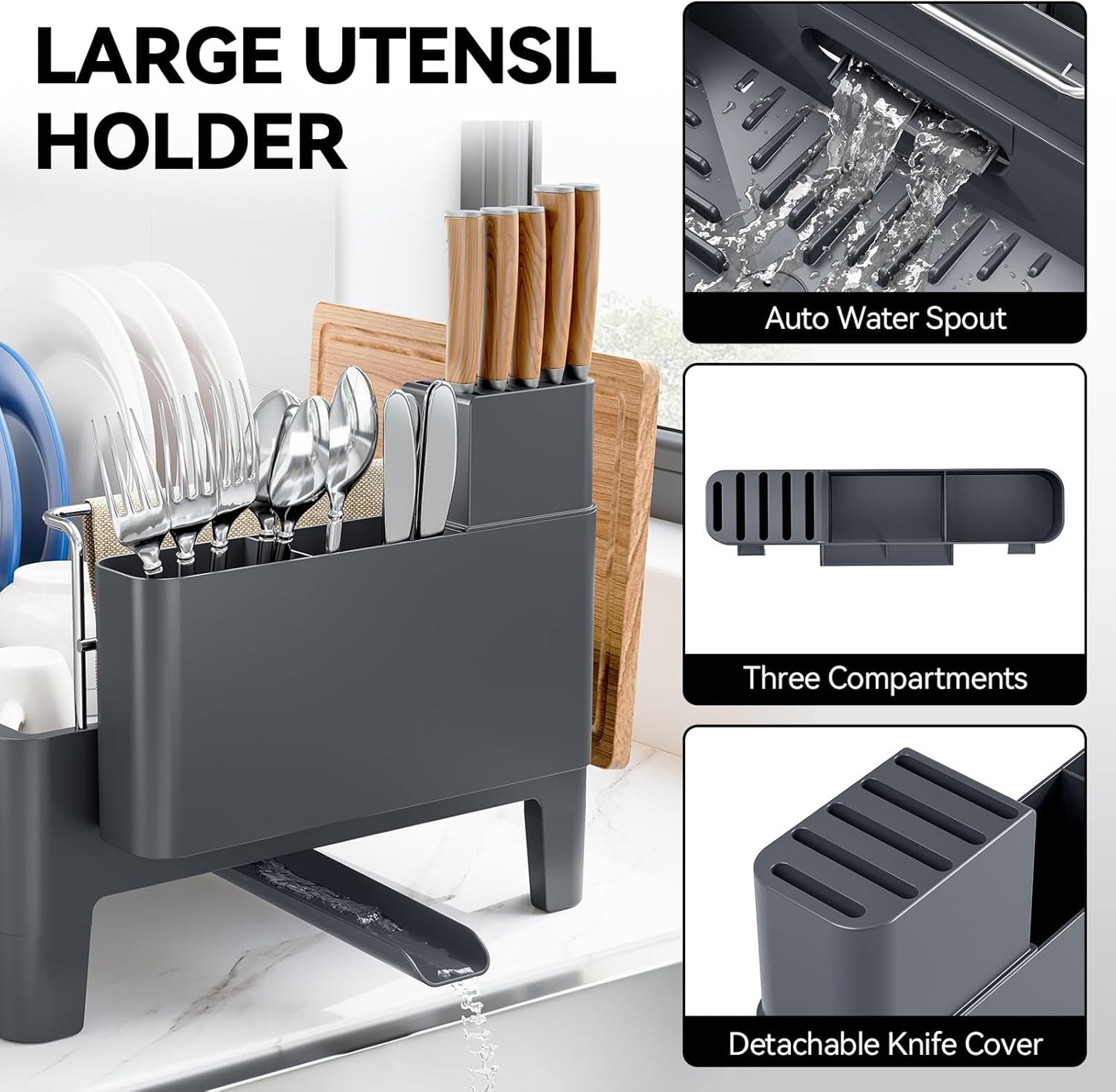 Expandable Dish Drying Rack, Stainless Steel Dish Rack with Aluminum Frame, Dish Drainer for Kitchen Counter, Space Saving Kitchen Drying Rack with Movable Utensil Holder,Gray