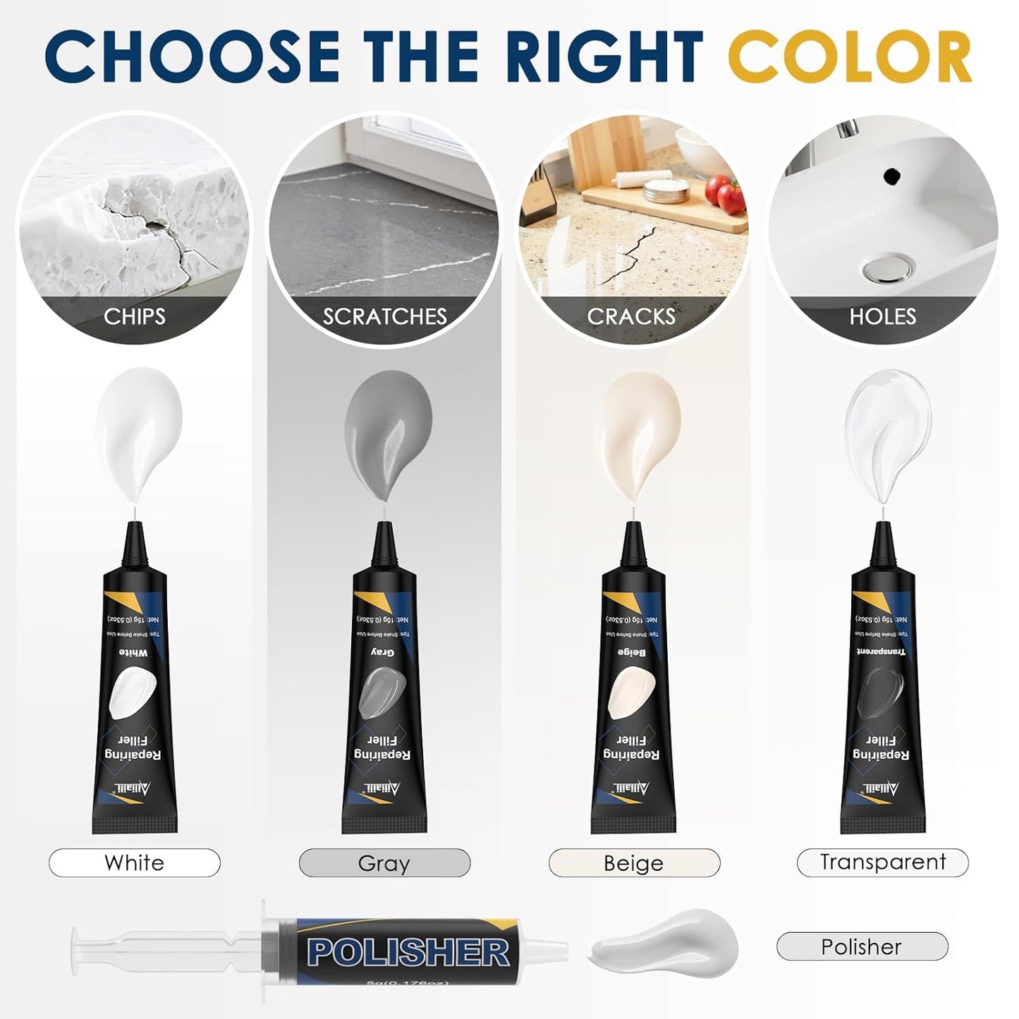 Quartz Countertop Repair Kit, Granite & Marble Repair Kit with 4*15g Filler(White,Beige, Gray,Clear), 30s Fast Repair Chip, Hole, Scratch, Crack on Fiberglass, Porcelain, Ceramic Tile, Bath Tub, Sink