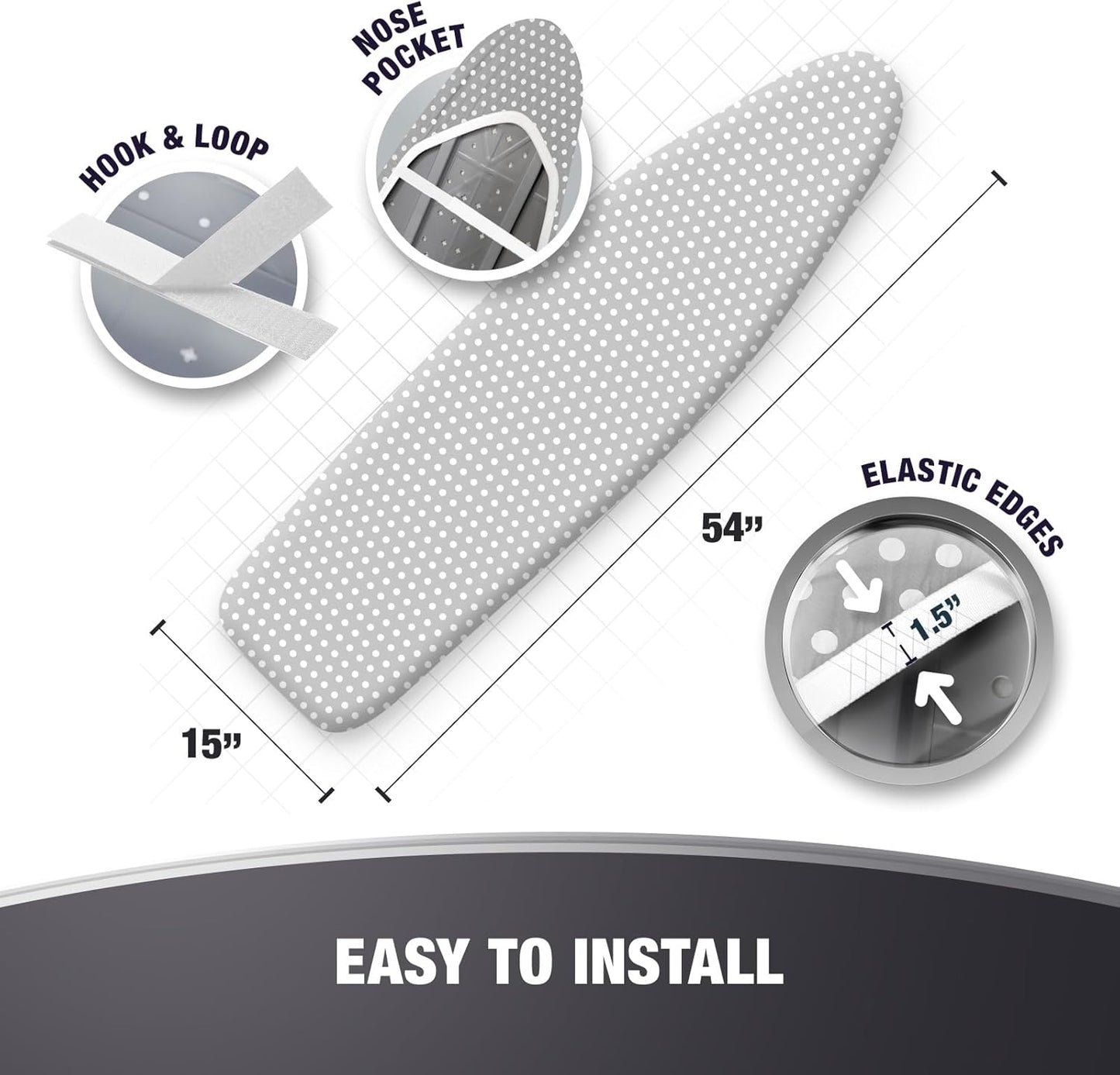 Extra Thick Ironing Board Covers with Pad Standard Size 15x54, Heat Reflective Full Scorch Resistant Padding, Snug Fit Non-Slip Nose Pocket Fastener Straps Elastic Edges, Gray Spotted