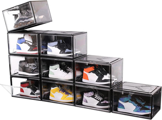 KDOR Shoe Boxes Clear Plastic Stackable 10 Pack Sneaker Storage Boxes with Magnetic Door, Acrylic Display Case, Strong and Sturdy Fit Shoe Size Up to US 15