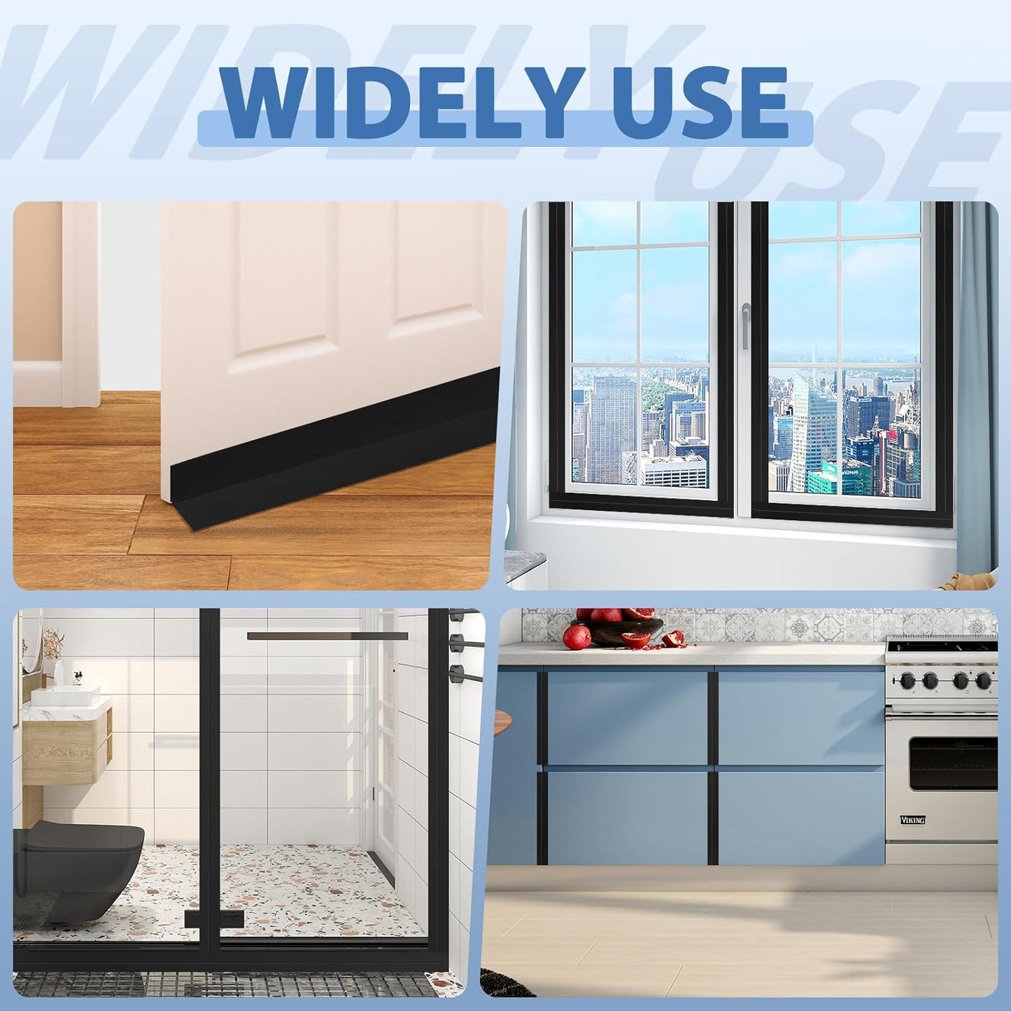 Weather Stripping Door Draft Stopper Flexible Self Adhesive Silicone Door Seal Strip for Glass Doors Windows and Shower Glass Gaps, 2 Inch Wide X 20 Feet Long, Black