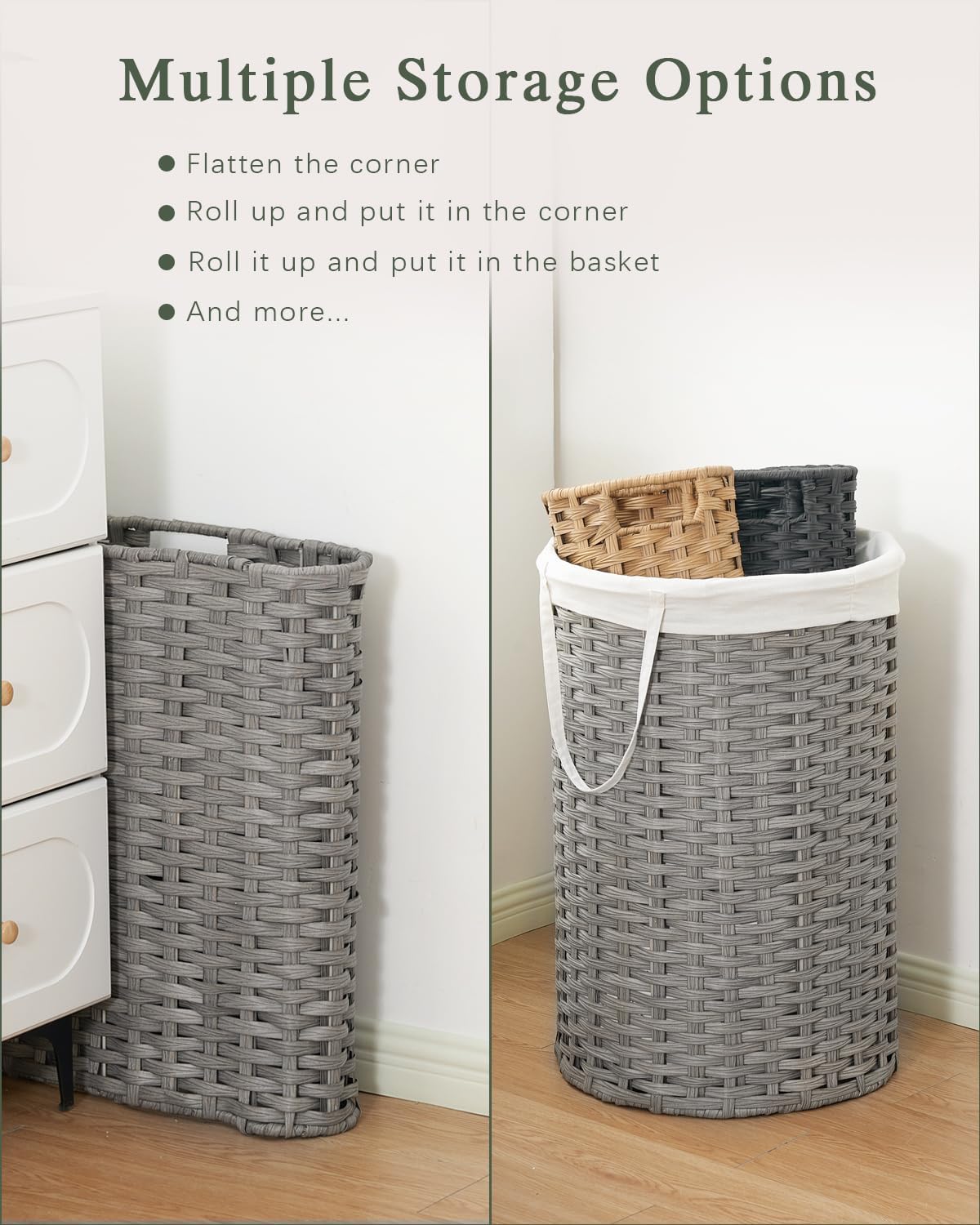 34.3 Gal (130 L) Large Laundry Hamper Laundry Basket Round Handwoven Wicker Laundry Baskets Rattan Laundry Basket with Removable Bag Handles 2 Mesh Bags for Living Room Bedroom Gray