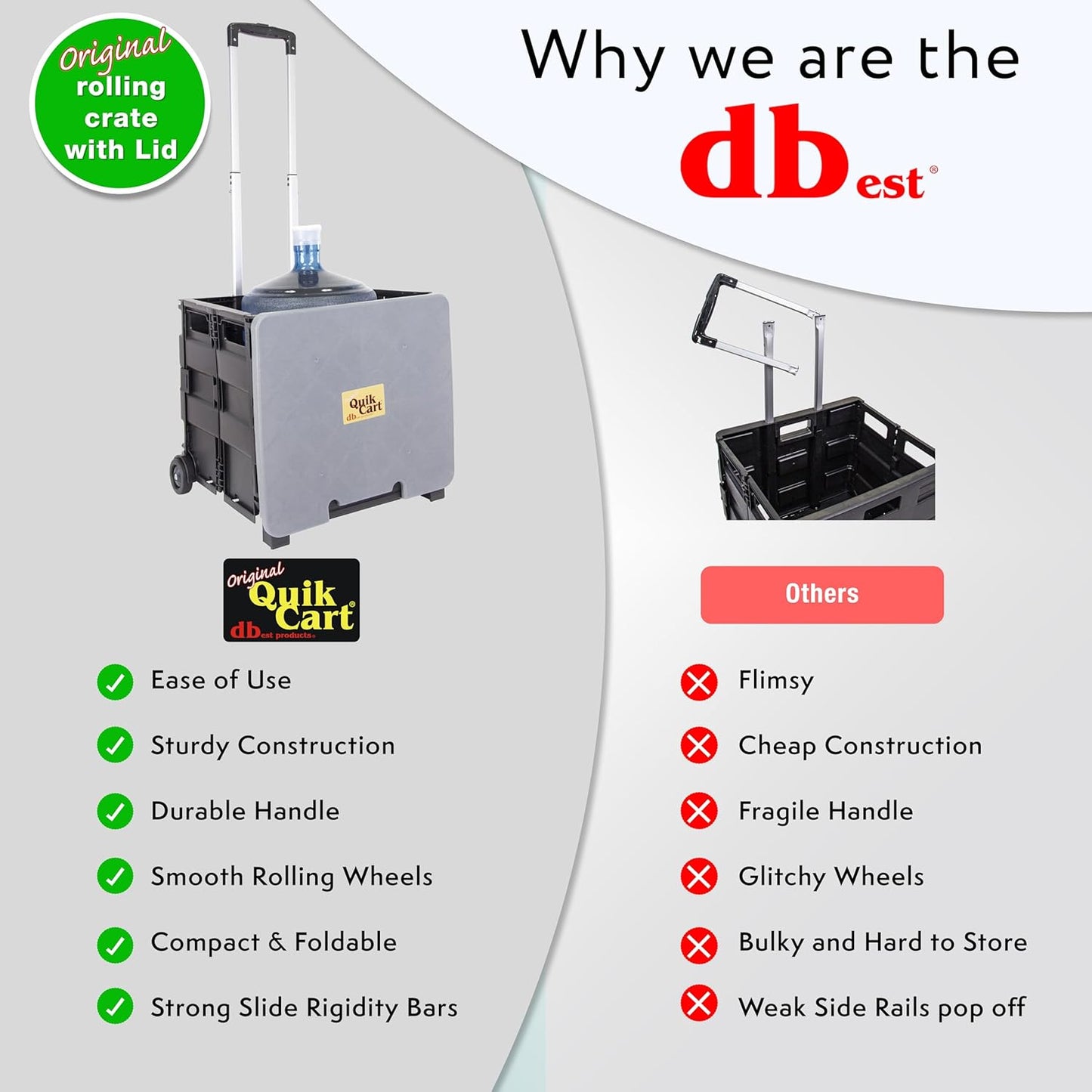 dbest products Quik Cart Collapsible Rolling Crate on Wheels for Teachers Tote Basket 80 lbs Capacity, Made from Heavy Duty Plastic and Used as a Seat, Grey