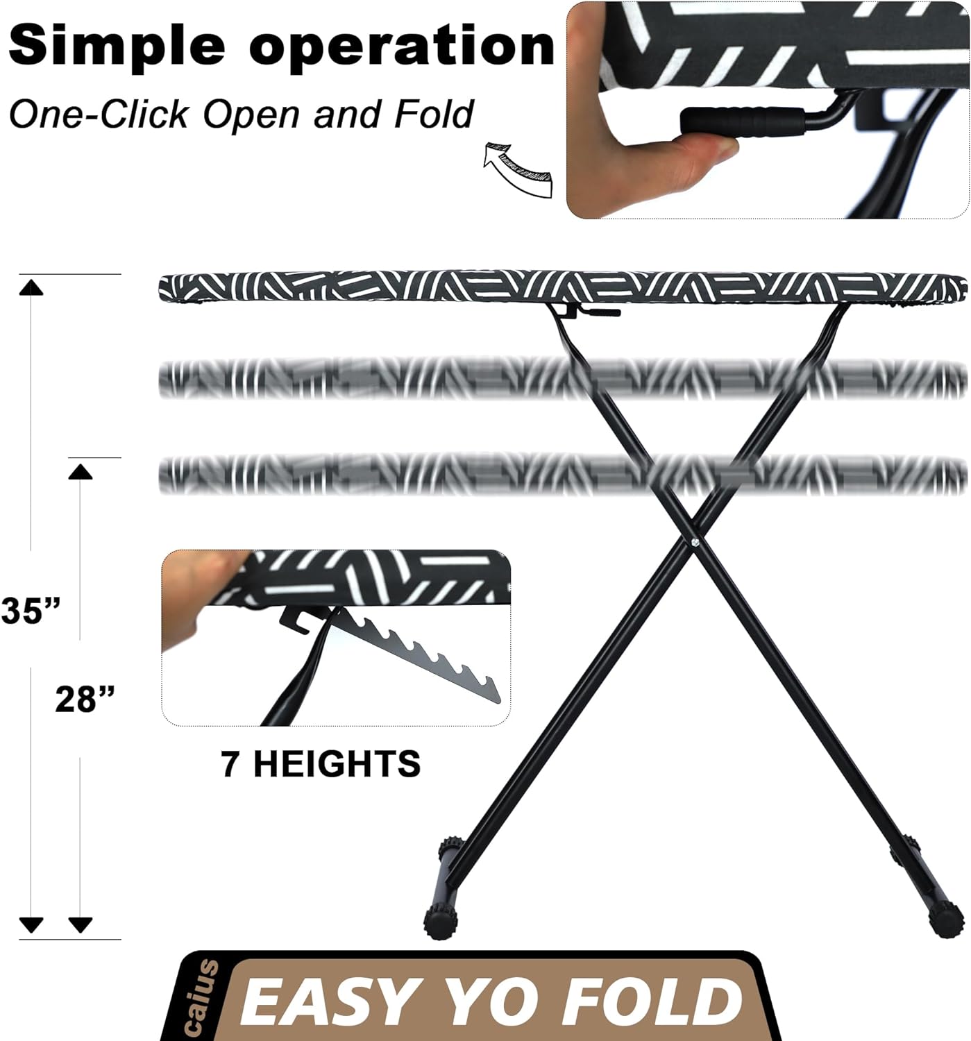 caius Ironing Board, Compact and Space Saver Full Size Ironing Board, Extra Wide Ironing Area with Extra Thick Heavy Duty Padded Cover, Stable Structure, Easy to Fold