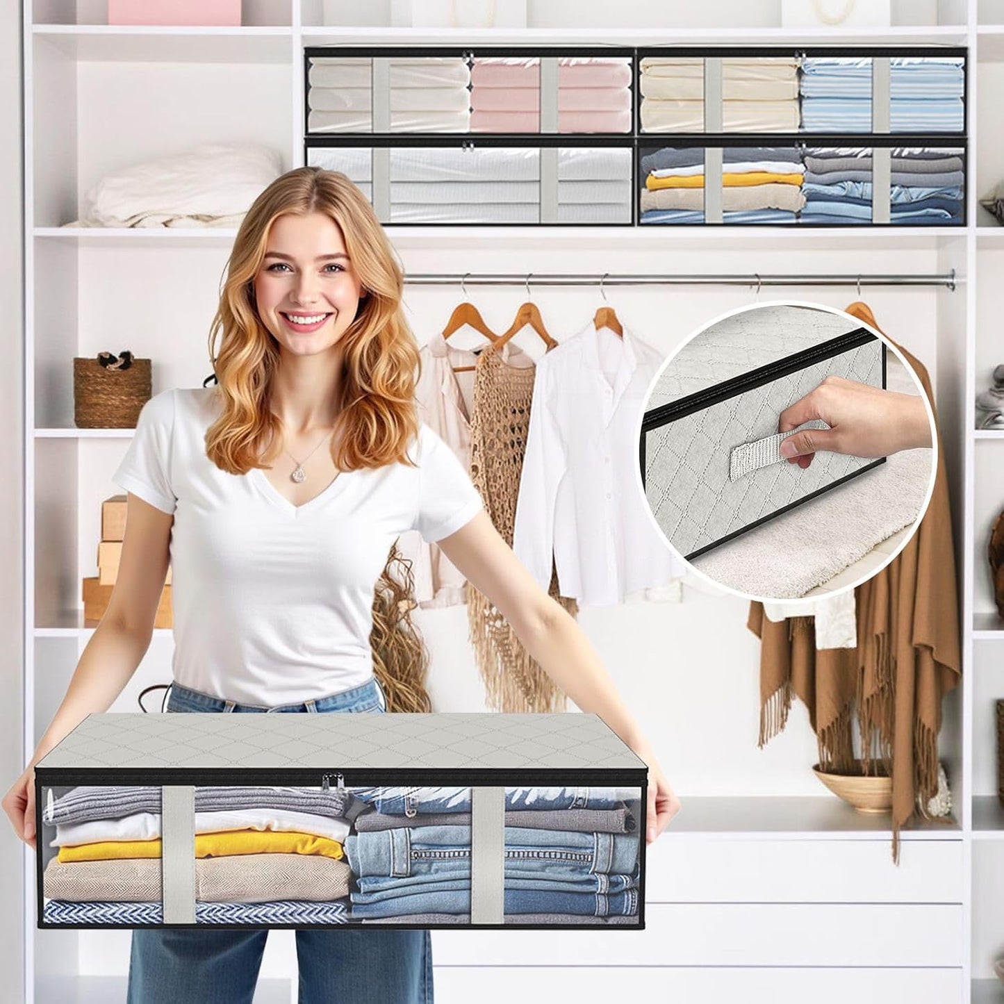 StorageRight Under Bed Storage Bins, 4-Pack 40L Foldable Fabric Storage Bags with Transparent Window, Breathable Organizer for Clothes/Blanket/Comforter/Quilt, White