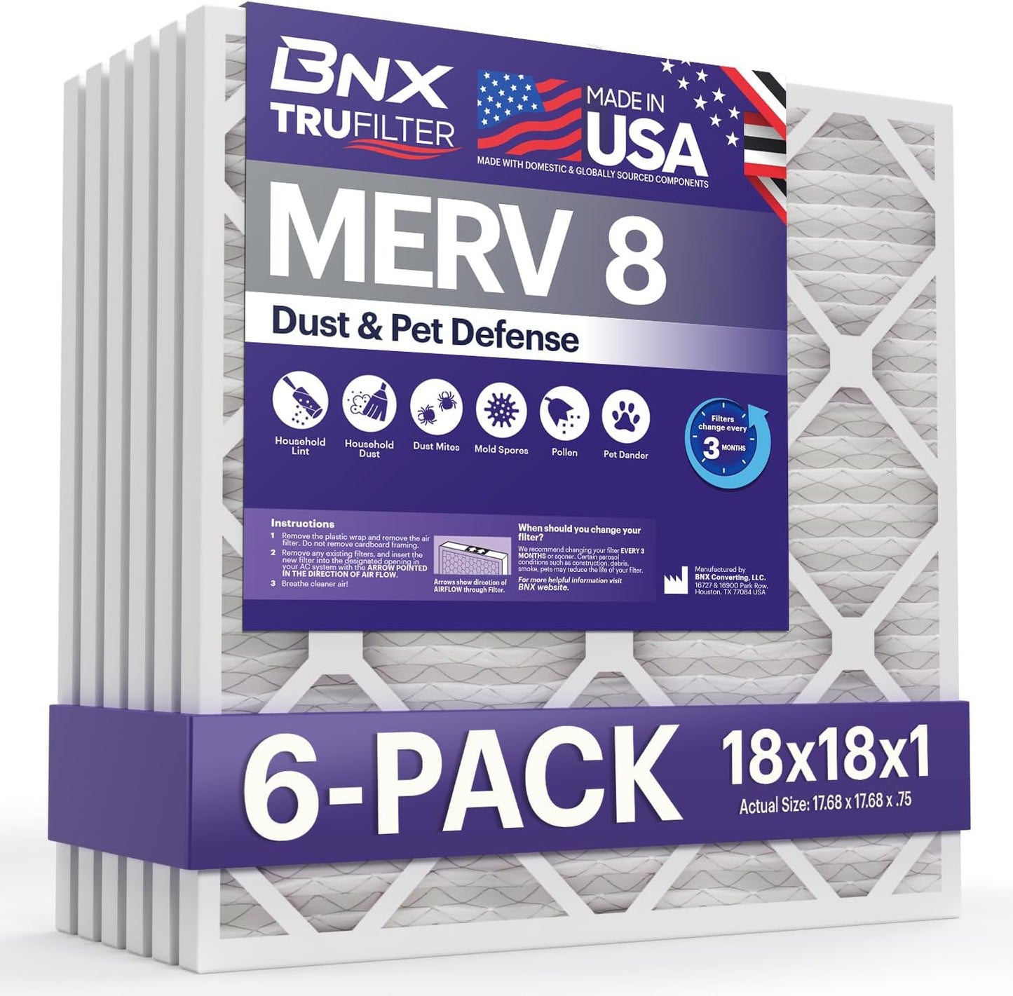 BNX TruFilter 18x18x1 Air Filter MERV 8 (6-Pack) - MADE IN USA – Dust & Pet Defense Air Conditioner HVAC AC Furnace Filters for Dust, Pet, Mold, Pollen MPR 600 – 700 & FPR 5