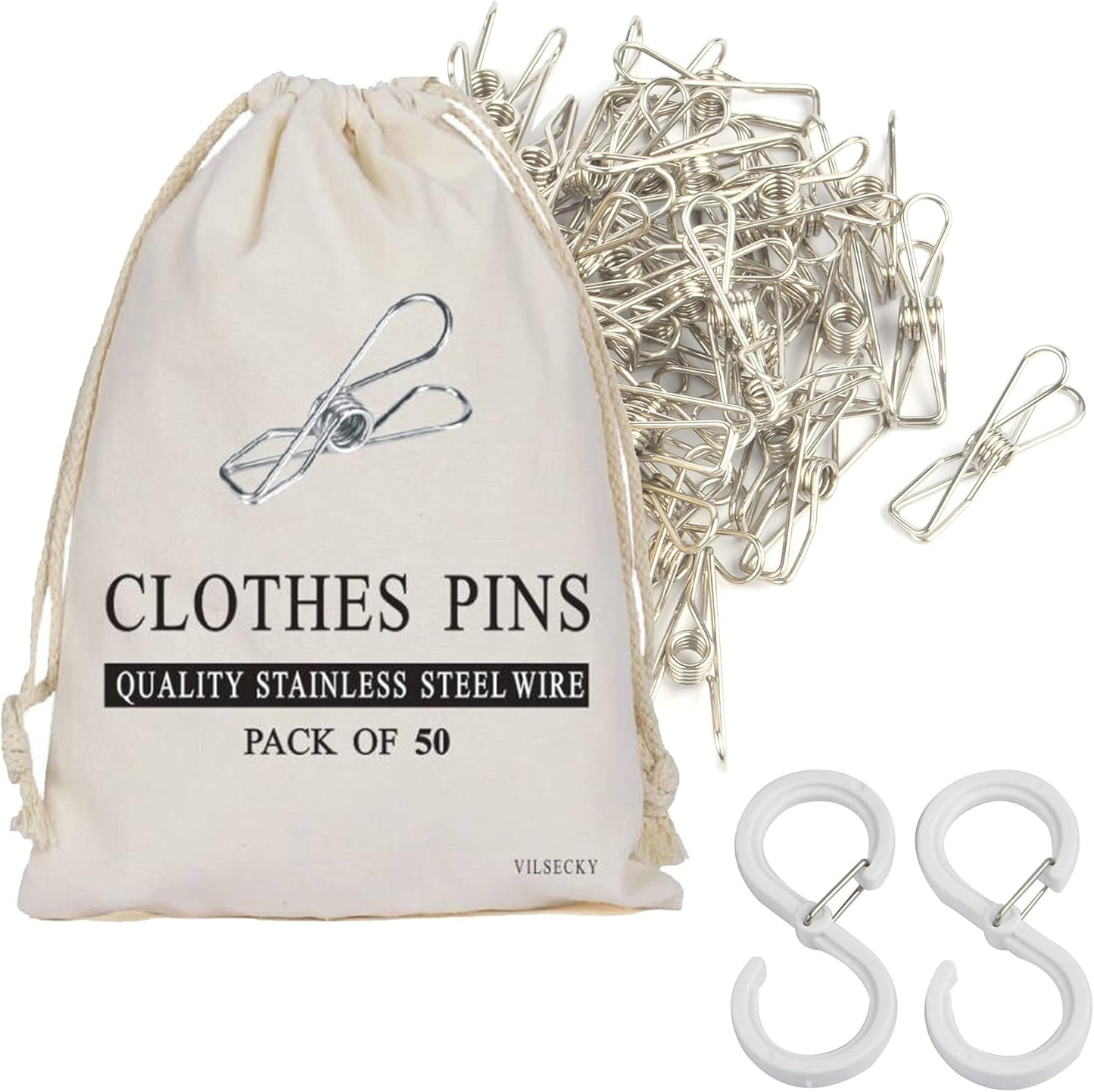50 Pcs Clothespins Laundry Chip Clips - Durable Stainless Steel Clothes Pins,Heavy Duty Clamp Metal Wire Clothes Pegs with One Storage Bag & 2 Hooks,for Outdoor Clothesline Home Kitchen Office