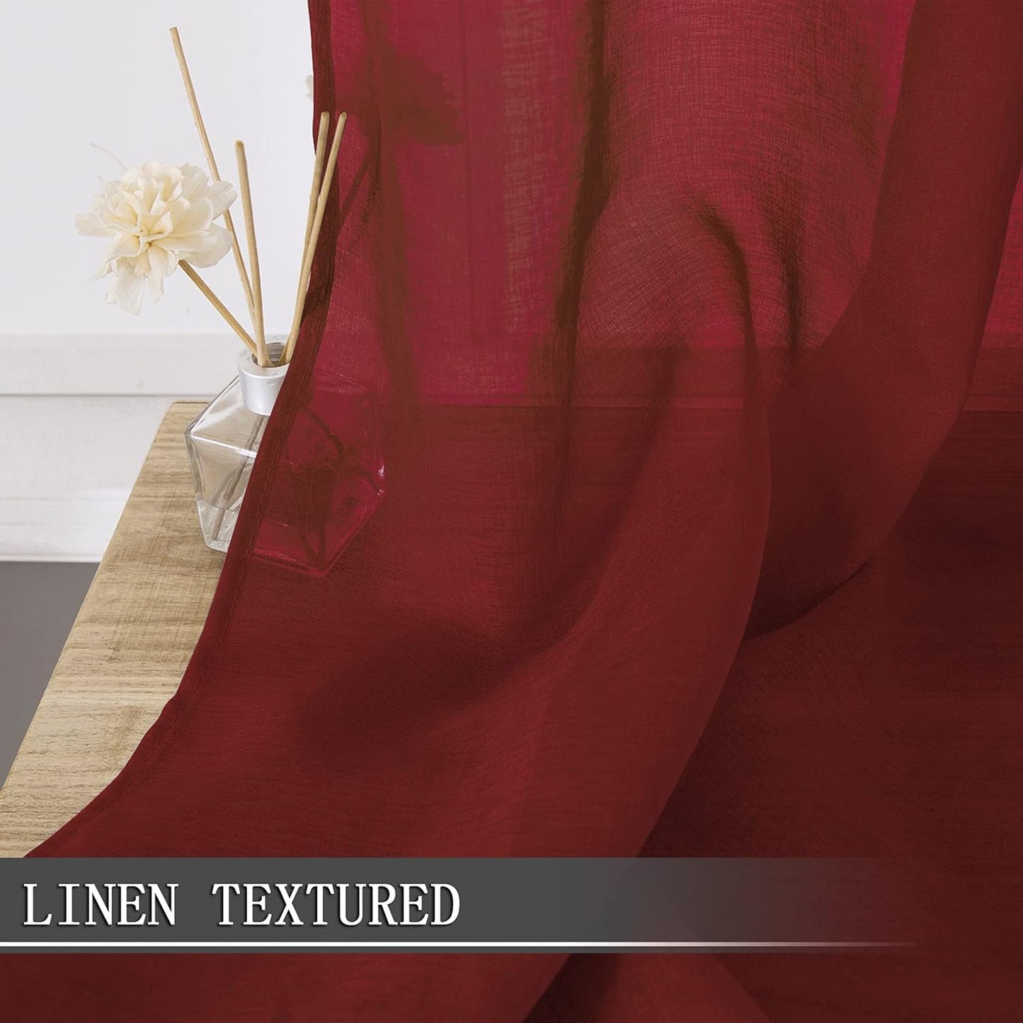Tollpiz Short Sheer Tier Curtains Linen Textured Half Kitchen Curtain Sheers Light Filtering Rod Pocket Voile Small Curtain for Bathroom, 25 x 24 inches Long, Burgundy Red, Set of 2 Panels