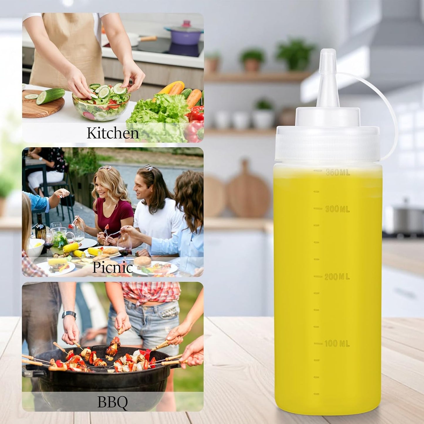 Condiment Squeeze Bottles Ketchup Dispenser, 6 Pack 12oz Squeeze Bottles for Liquids, Plastic Sauce Bottle with Cap Lid, Squirt Bottles for Sauces Liquids BBQ Dressing Pancake Art