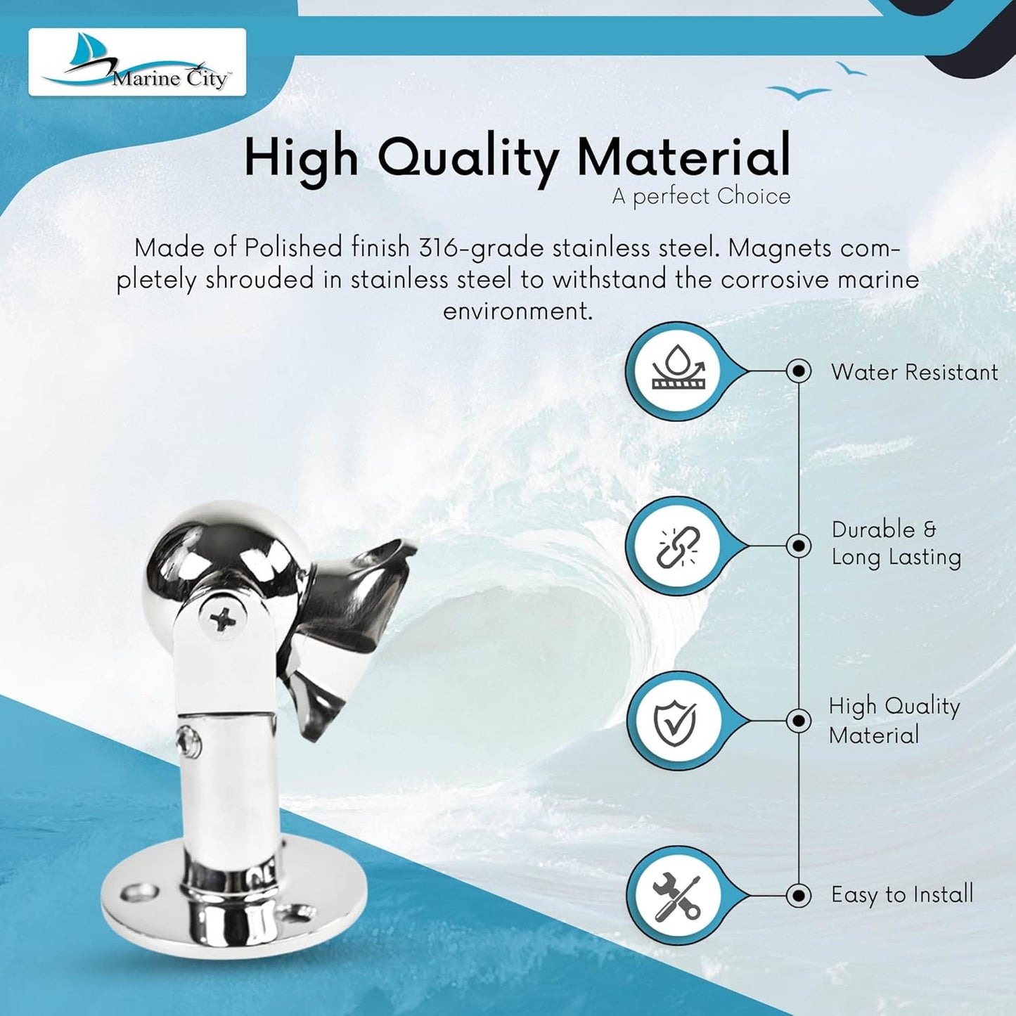 MARINE CITY Magnetic Ball Door Window Stopper Set, 316 Stainless Steel, Corrosion-Resistant, Holds 4kg, Water-Resistant, Extendable 73mm-100mm, Ideal for Boats, Yachts, Ships