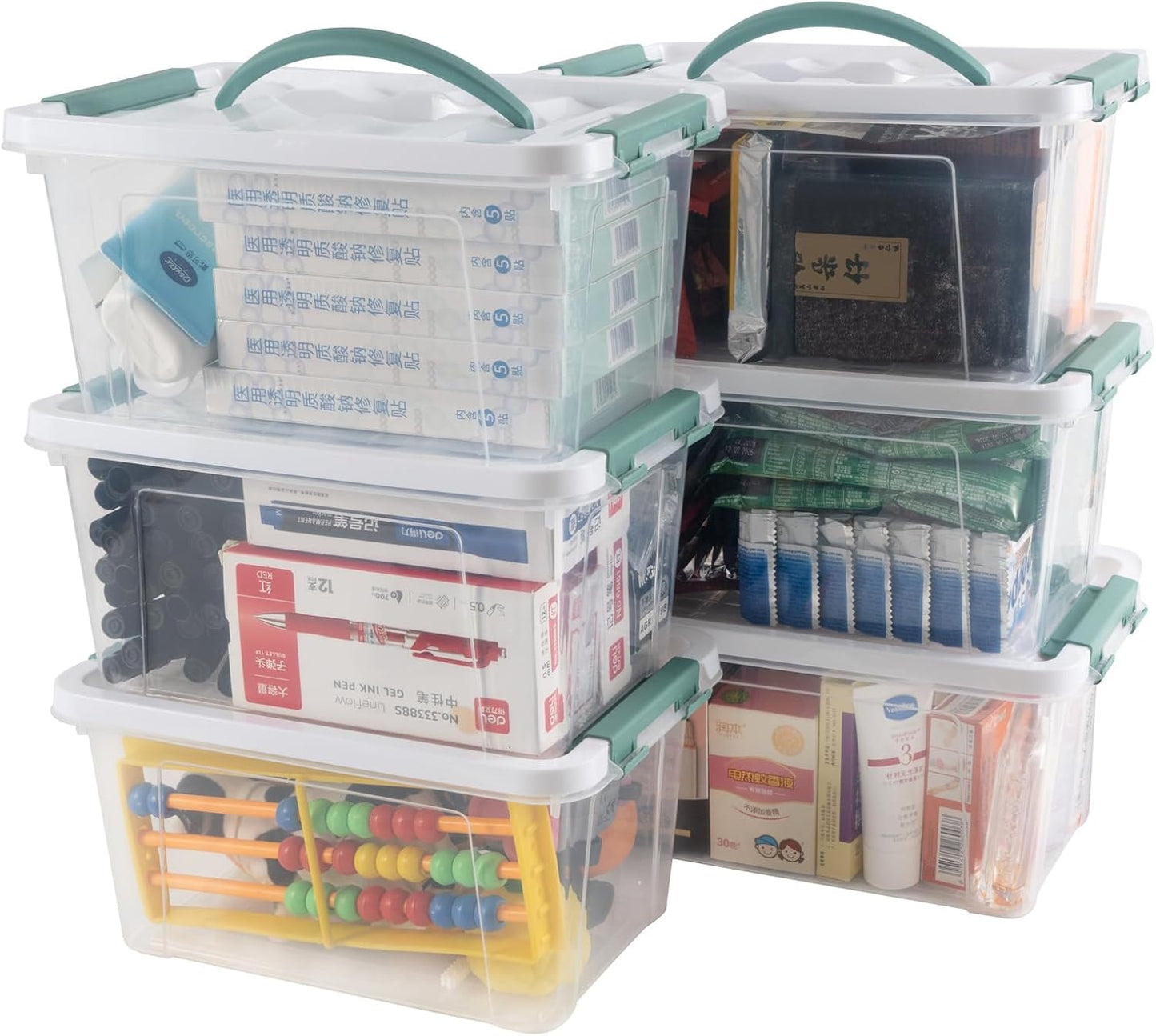 6 Quart Plastic Stackable Storage Latch Bins,Clear Latching Box with Handle and Lid,Pack of 6 (Green Handle)