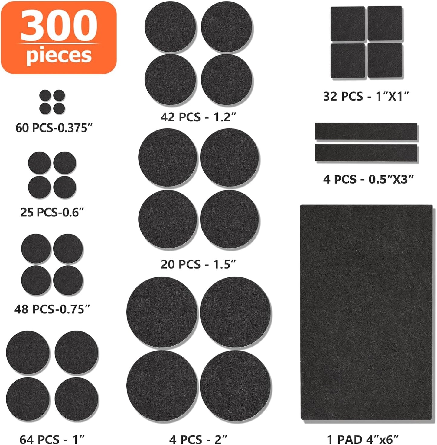 Felt Furniture Pads 300 Pieces, Furniture Pads for Hardwood Floors, Felt Pads for Chair Legs Furniture, Floor Protectors for Furniture Black