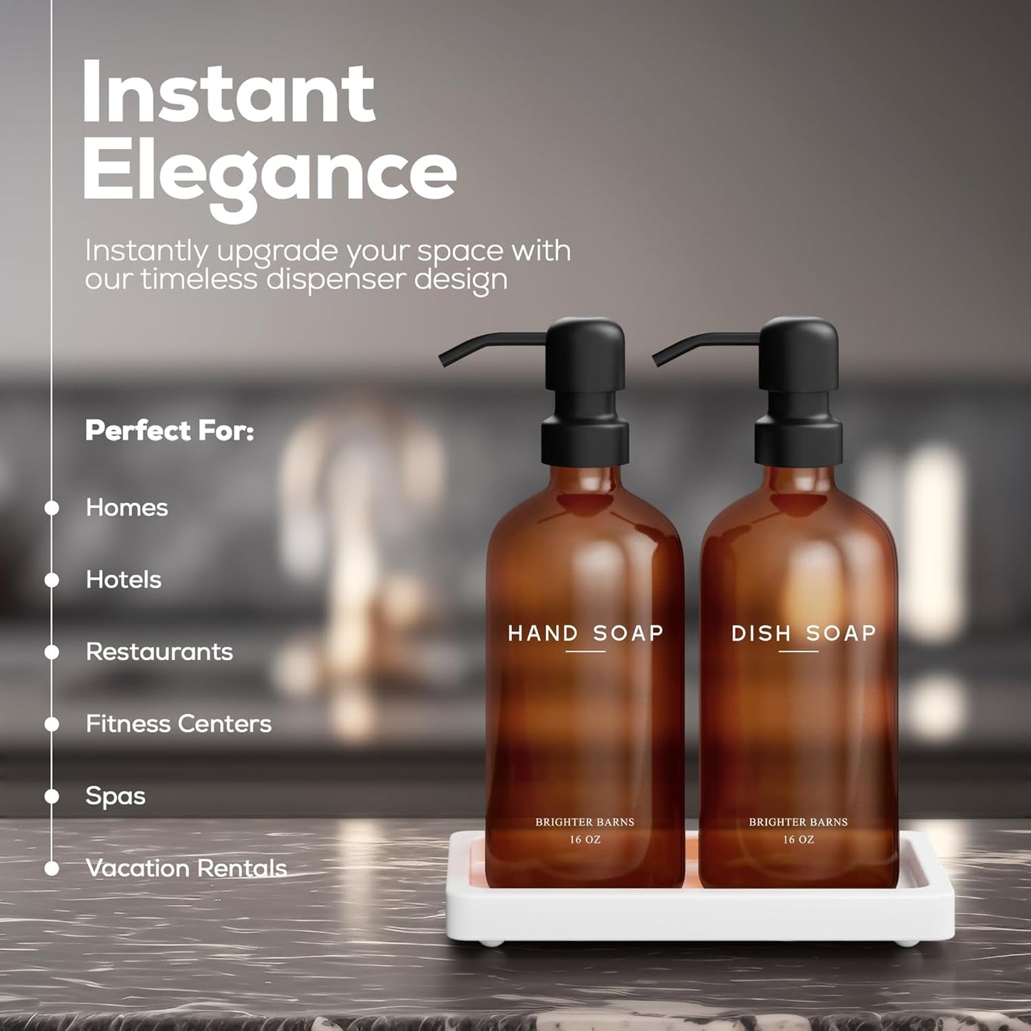 Amber Glass Hand and Dish Soap Dispenser Set by Brighter Barns - Kitchen Soap Dispenser Set with Tray for Kitchen, Airbnb, Vacation Rental or Restaurant - Modern Kitchen Decor & Accessories (Amber)