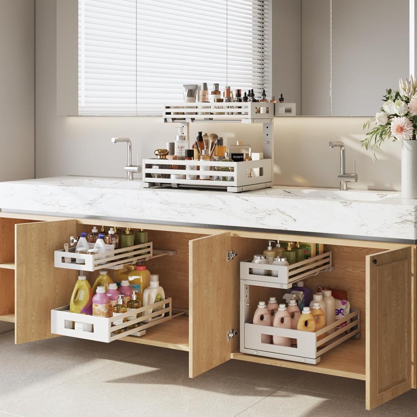 1-Pack Under Sink Organizers and Storage,2-Tier L Shape Pull Out Cabinet Organizer With Round Tube Slide Rails,Hight Adjustable Slide Out Drawers for Kitchen&Bathroom,Multi-Purpose Storage Shelf-White