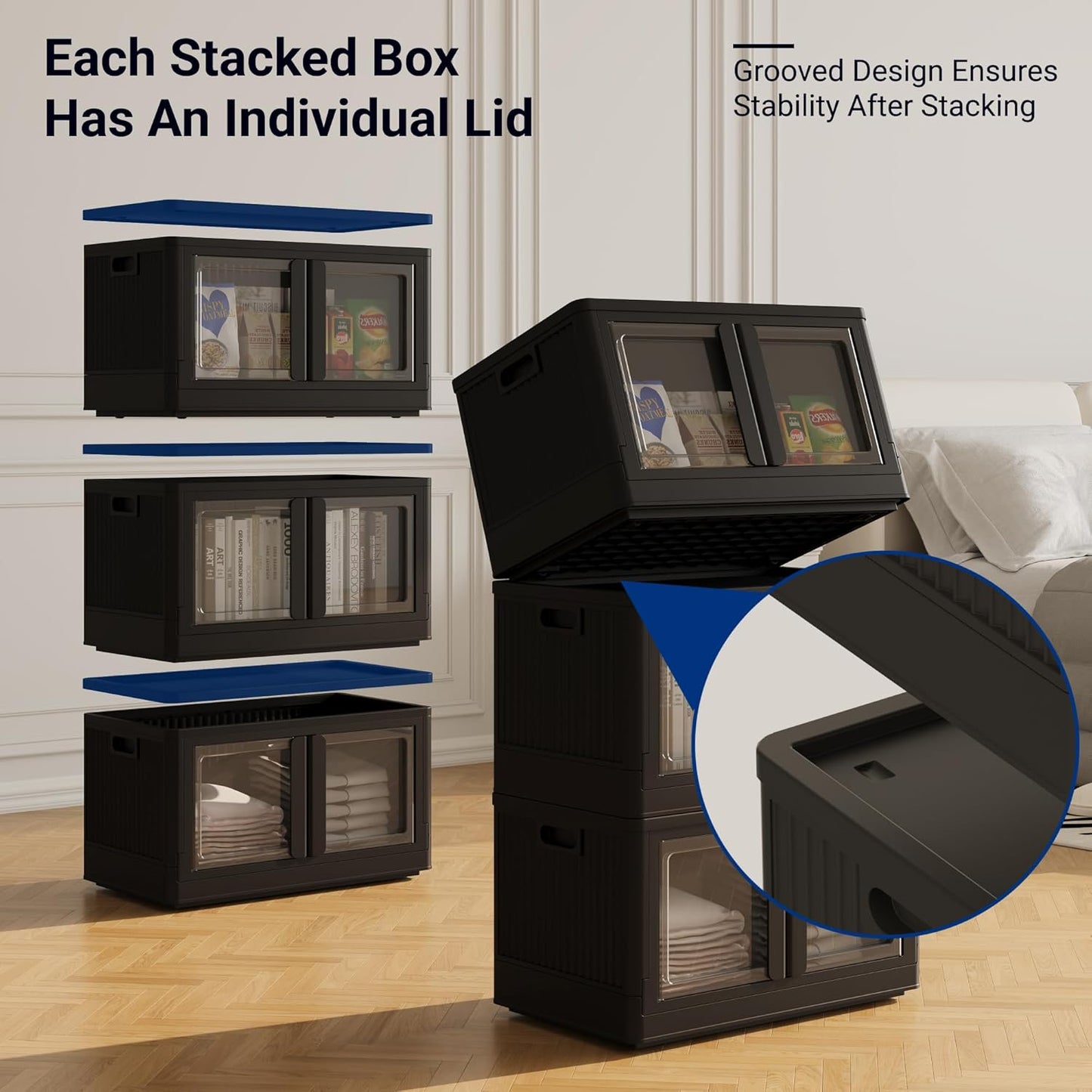 FLEXIMOUNTS 152 QT Stackable Storage Bins With Lids, Collapsible Plastic Storage Bins, Closet Organizers and Containers with Doors and Built-in Wheels For Home, 2 Pack Cubes, Milky White