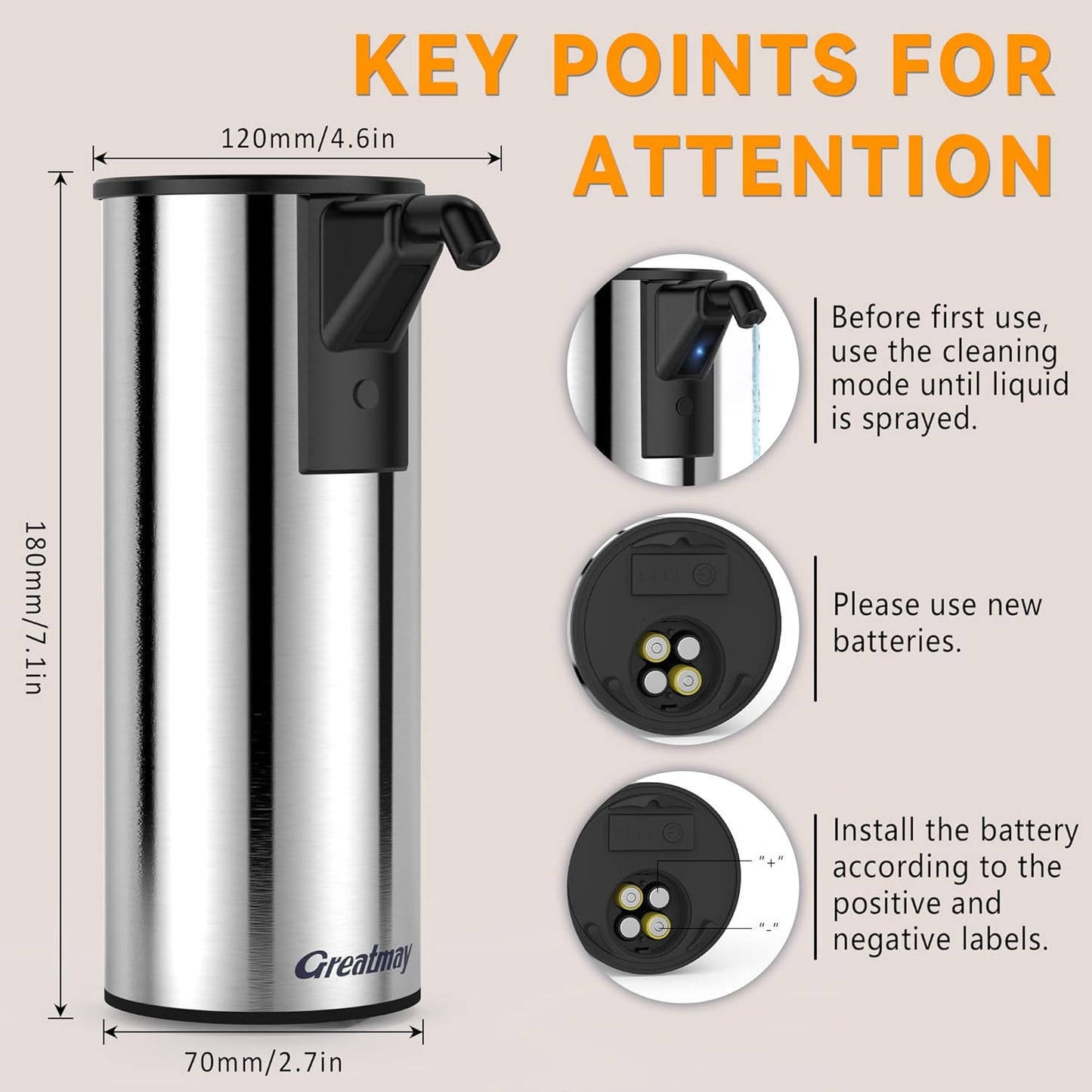 Automatic Soap Dispenser,Stainless Steel Material, Rechargeable Touchless Hand Sanitizer Pump,4 Adjustable Levels Smart Electric Dispenser,Suitable for Bathroom,Kitchen (Battery Silver)