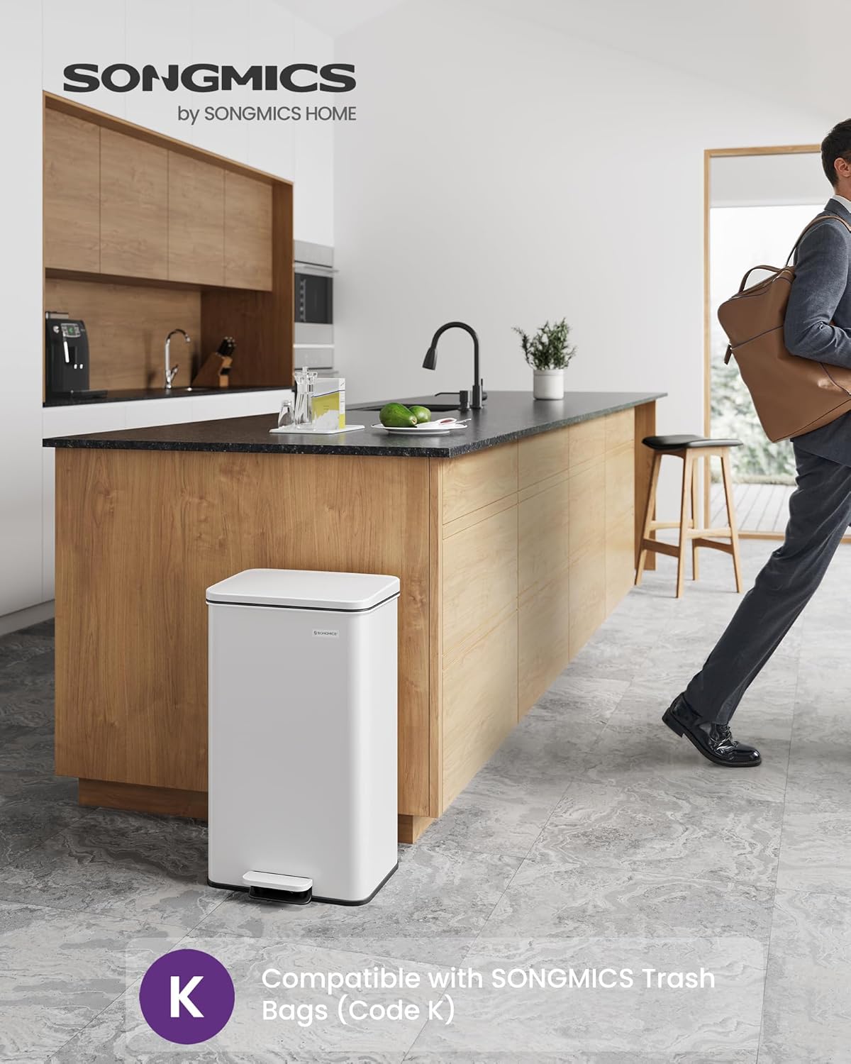 SONGMICS Kitchen Trash Can, 10.5 Gallon (40 L) Garbage Can, Large Step Trash Bin with Lid, Stainless Steel, Soft Close, 15 Trash Bags Included, White ULTB540W40