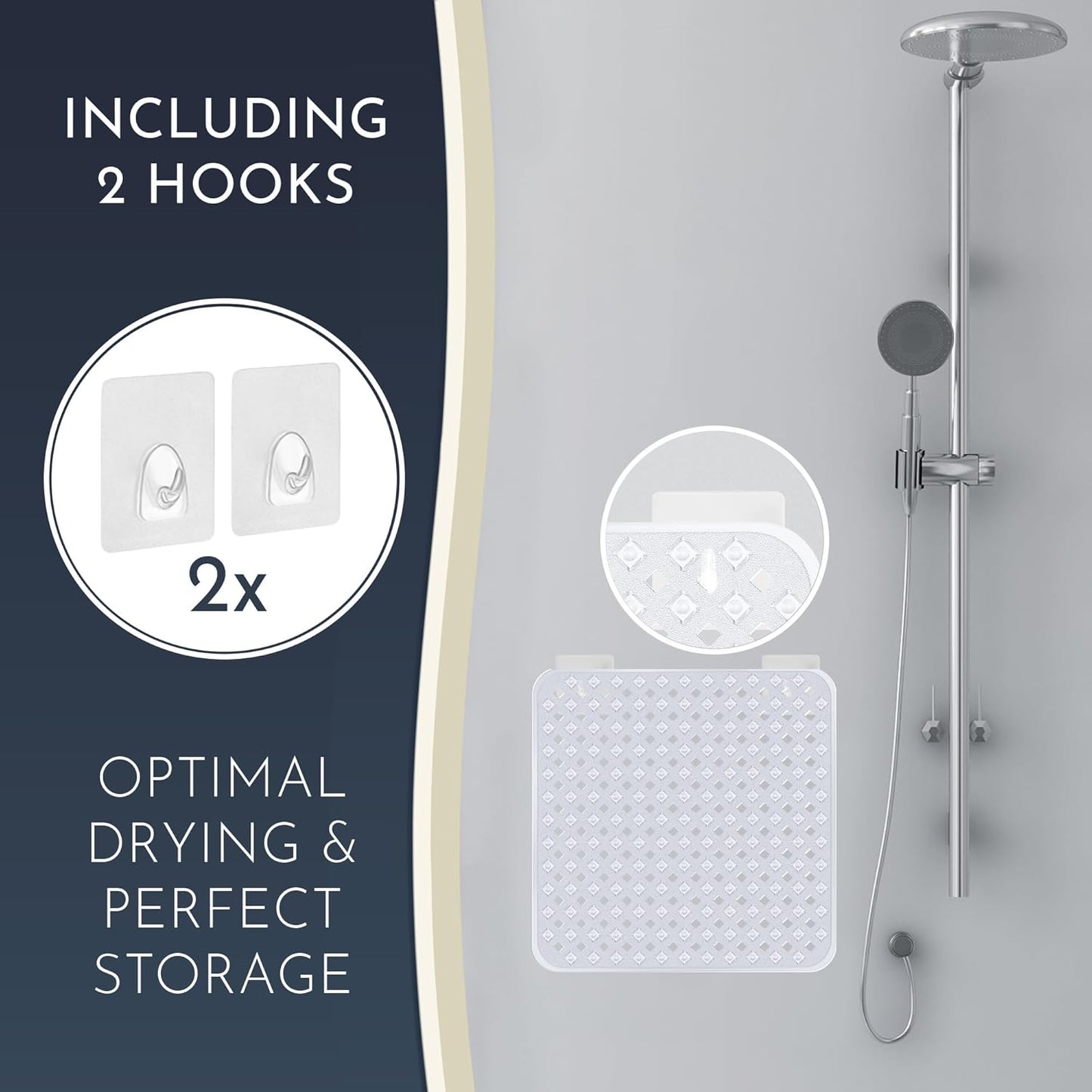 Homerella Anti Slip Shower Mat | Anti Mold Non Slip Bathtub Mat for Inside Shower | Square Floor Shower Mat 21 x 21 inch with Suction Cups for Grip & Hooks Hanging and Quick Drying | Machine Washable