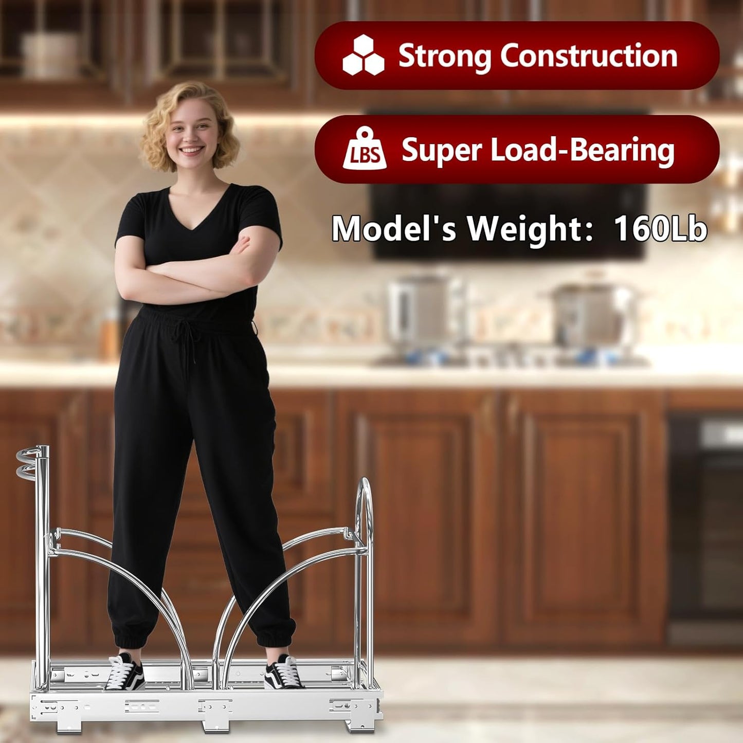 Dual Under Sink Trash Can Heavy Duty Pull Out Trash Can Under Cabinet, Fits 2x35Qt (7-9 Gal) Commercial Trash Cans Cabinet Trash Bin Pull Out Kit Requires ≥ 22''Dx 16''Wx 17''H, No Can (Silver)