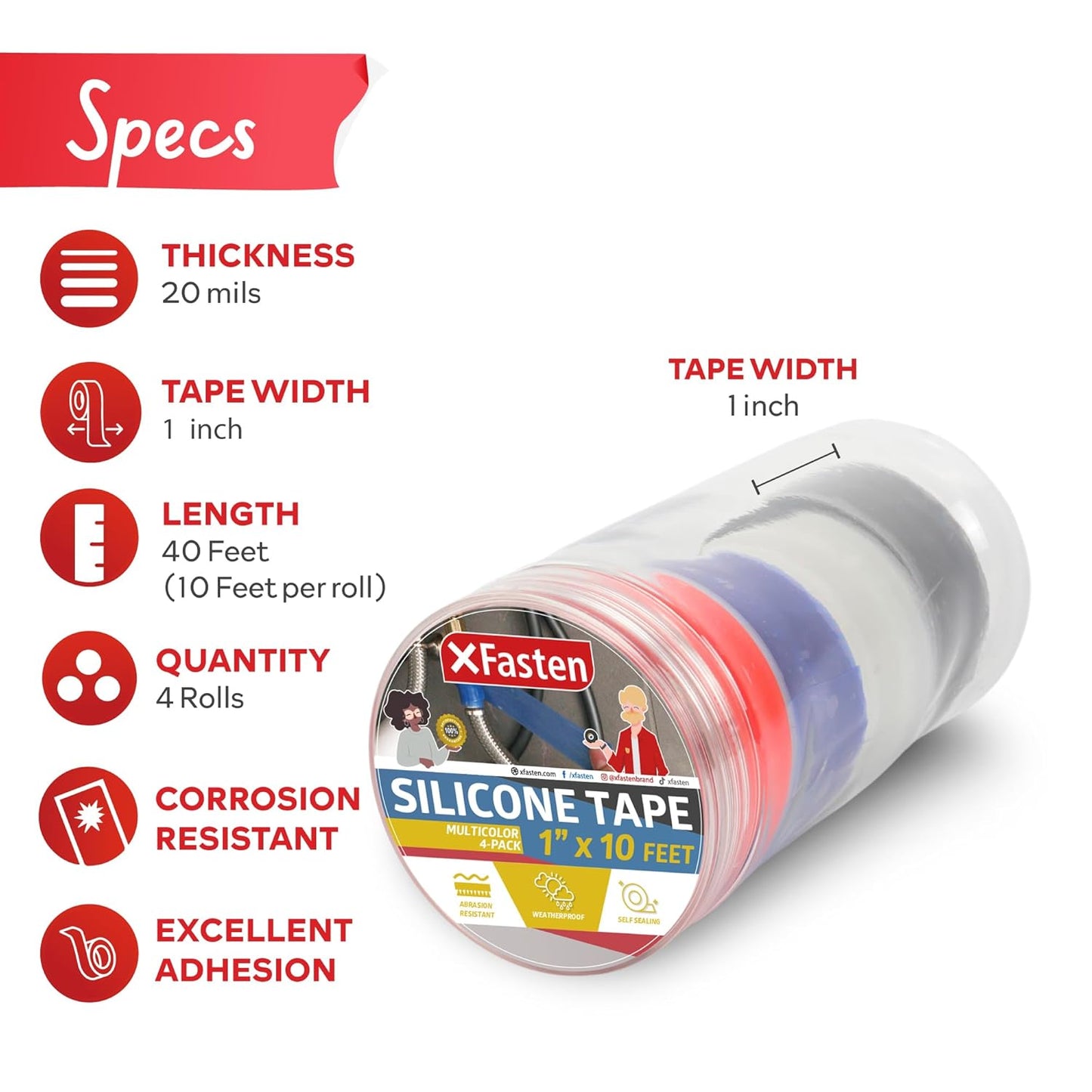 XFasten Self Fusing Silicone Tape Waterproof Multicolor – 1" x 10 Feet 4-Pack, Self Amalgamating Tape, Silicone Rubber for Plumbing, Sealing Pipes, Hose Repair, Outdoor Coax and Electrical Cables