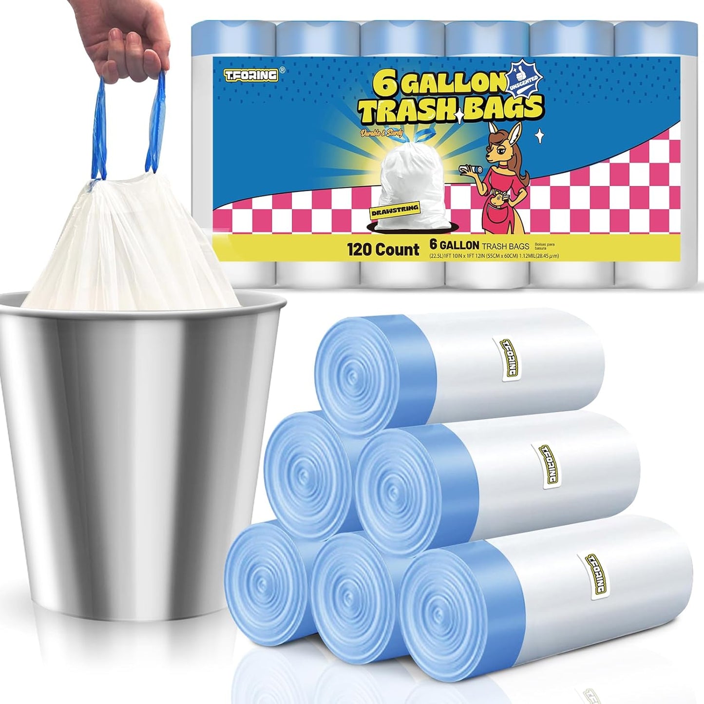 6 Gallon Trash Bags Drawstring 1.1 Mil - 120 Count Medium Garbage Bags,22.5 Liter Strong Plastic Trash Can Liners Unscented,Thick Waste Basket Bags for Home Bathroom Office Kitchen