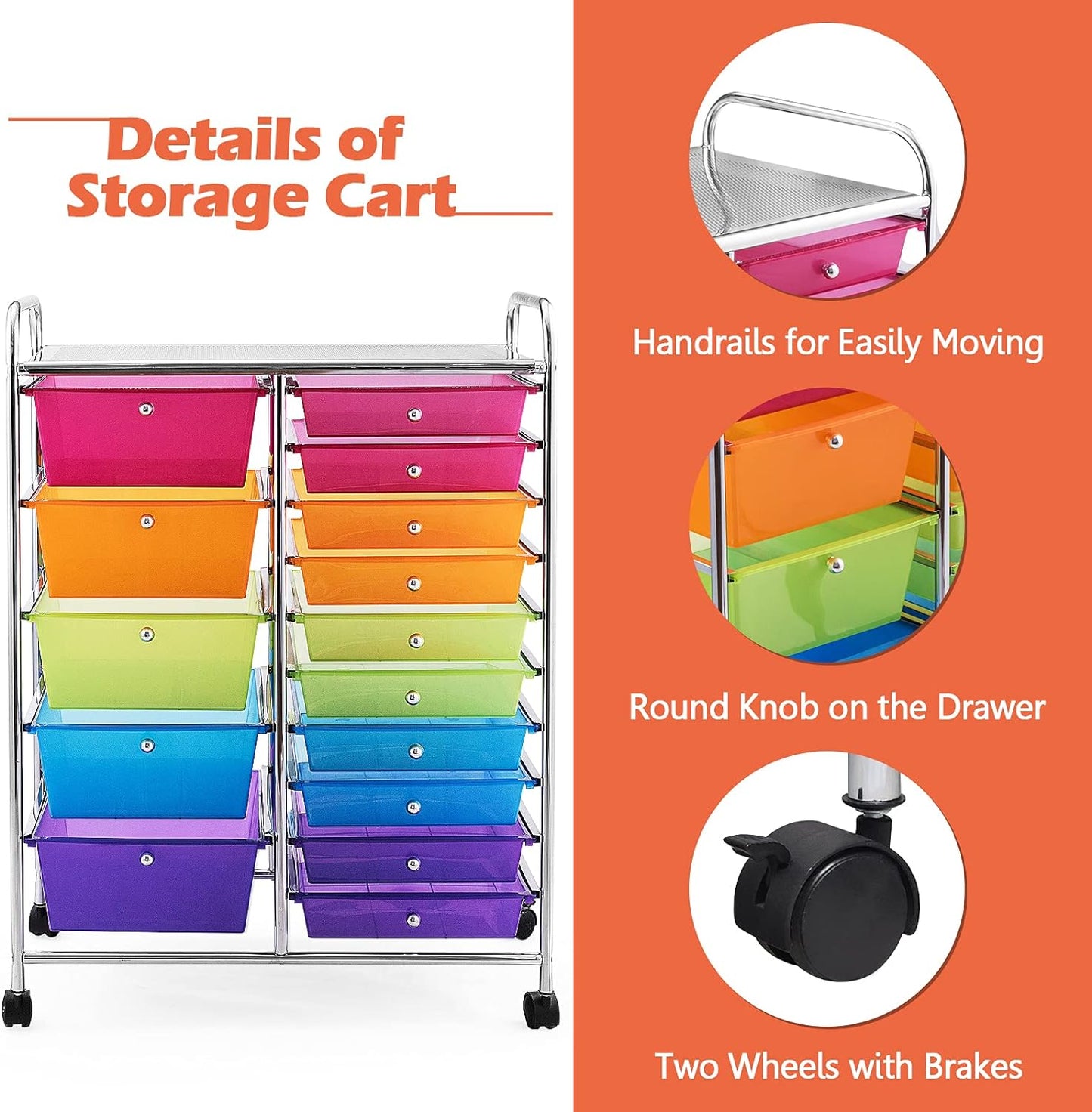 GOFLAME 15-Drawer Rolling Storage Cart, Multipurpose Movable Organizer Cart, Utility Cart for Home, Office, School, Rainbow