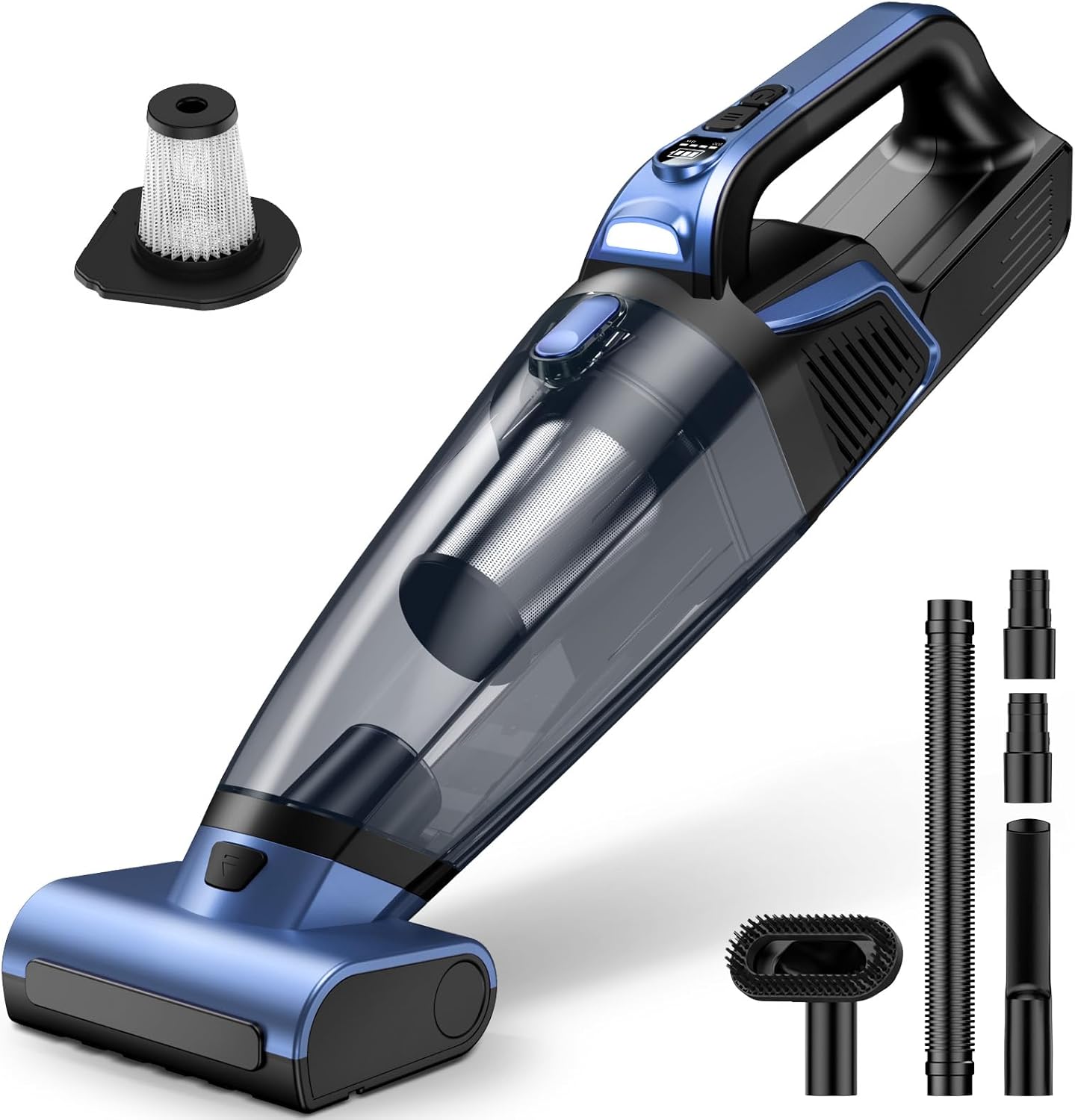 Pet Hair Handheld Vacuum Cordless: 20000PA High Power Car Vacuum with Motorized Brush and LED Light, Rechargeable Hand Held Vacuum Cleaner with Reusable Filter for Car, Home, Office & Pet, Blue