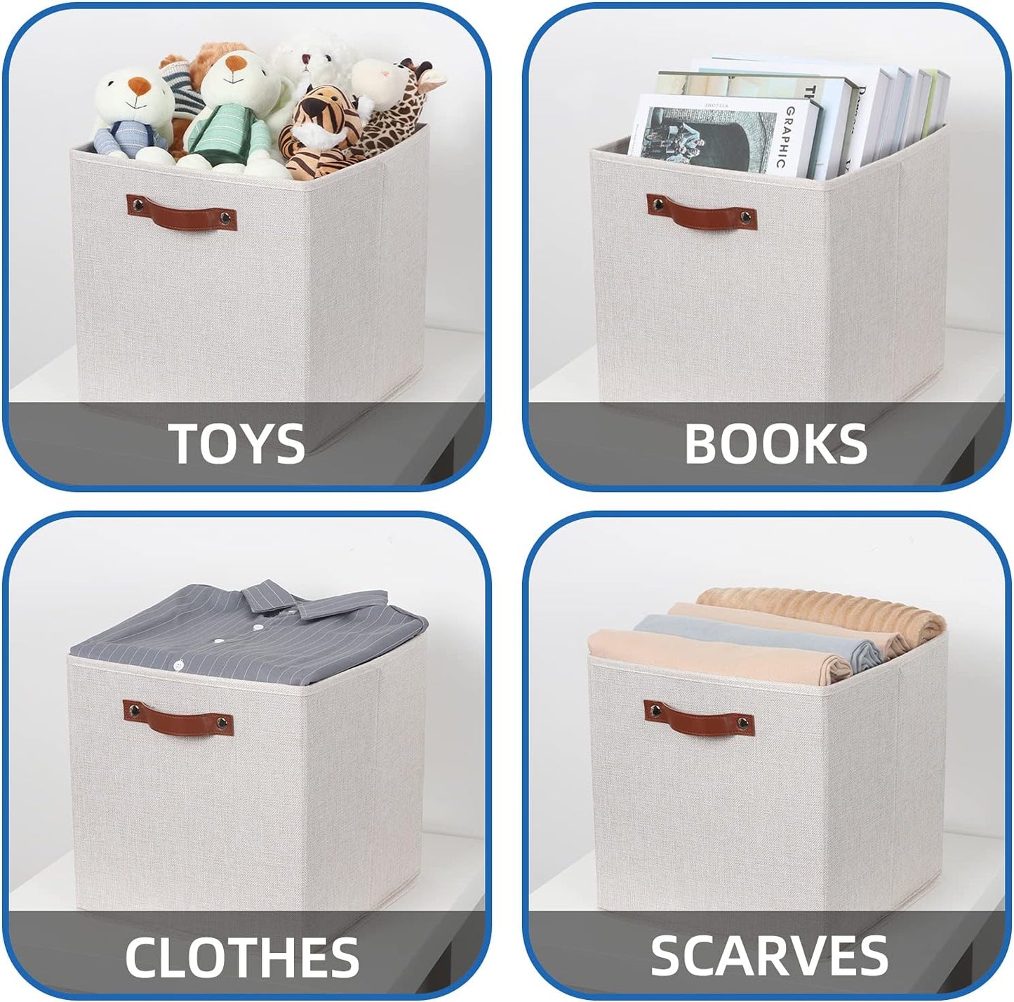 Temary Fabric Storage Cubes Storage Bins with Dual Leather Handles, 4 Pack Cube Baskets 13x13 Foldable Cube Organizers for Shelves, Home, Office, Nursery